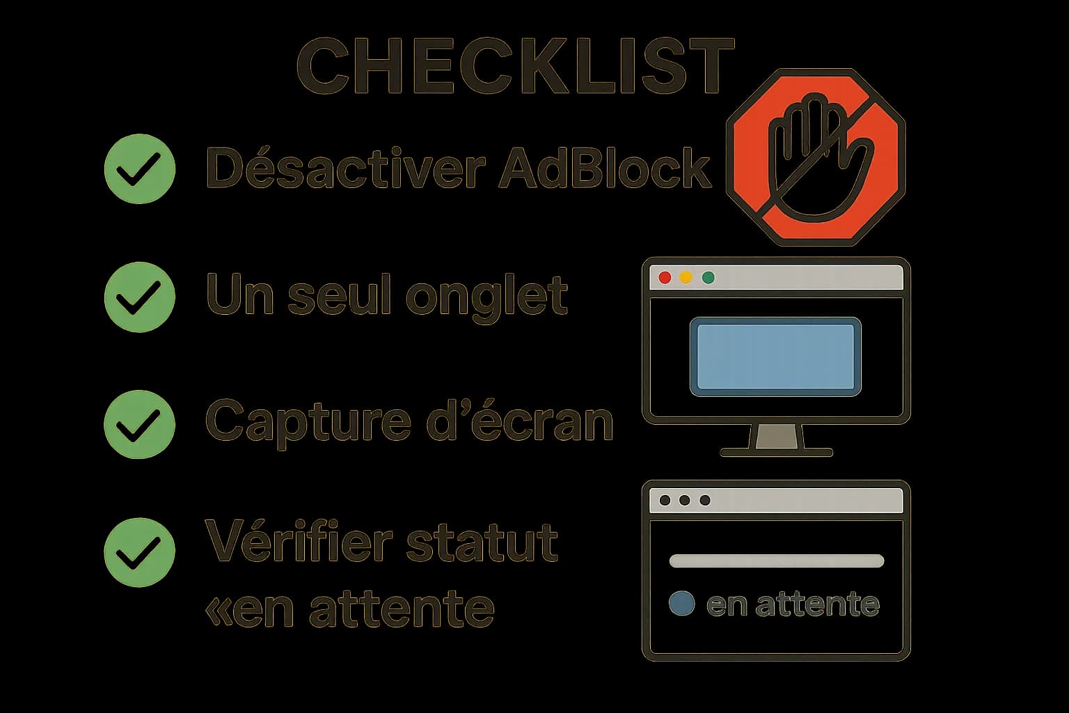 Infographie checklist : désactiver AdBlock, un seul onglet, capture d’écran, vérifier statut « en attente ».