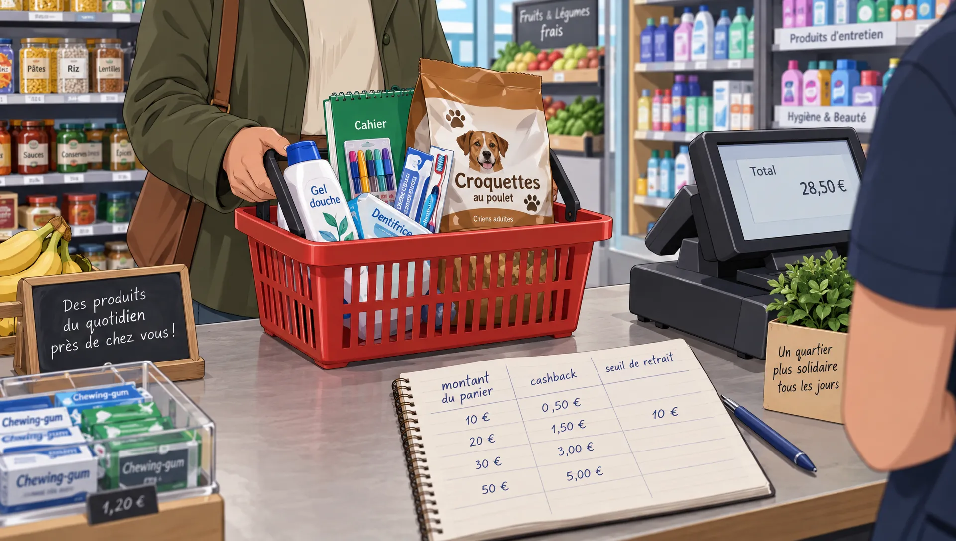 Un petit panier de produits courants accompagne un carnet de budget comparant montant des achats, cashback et seuil de retrait Poulpeo iGraal.