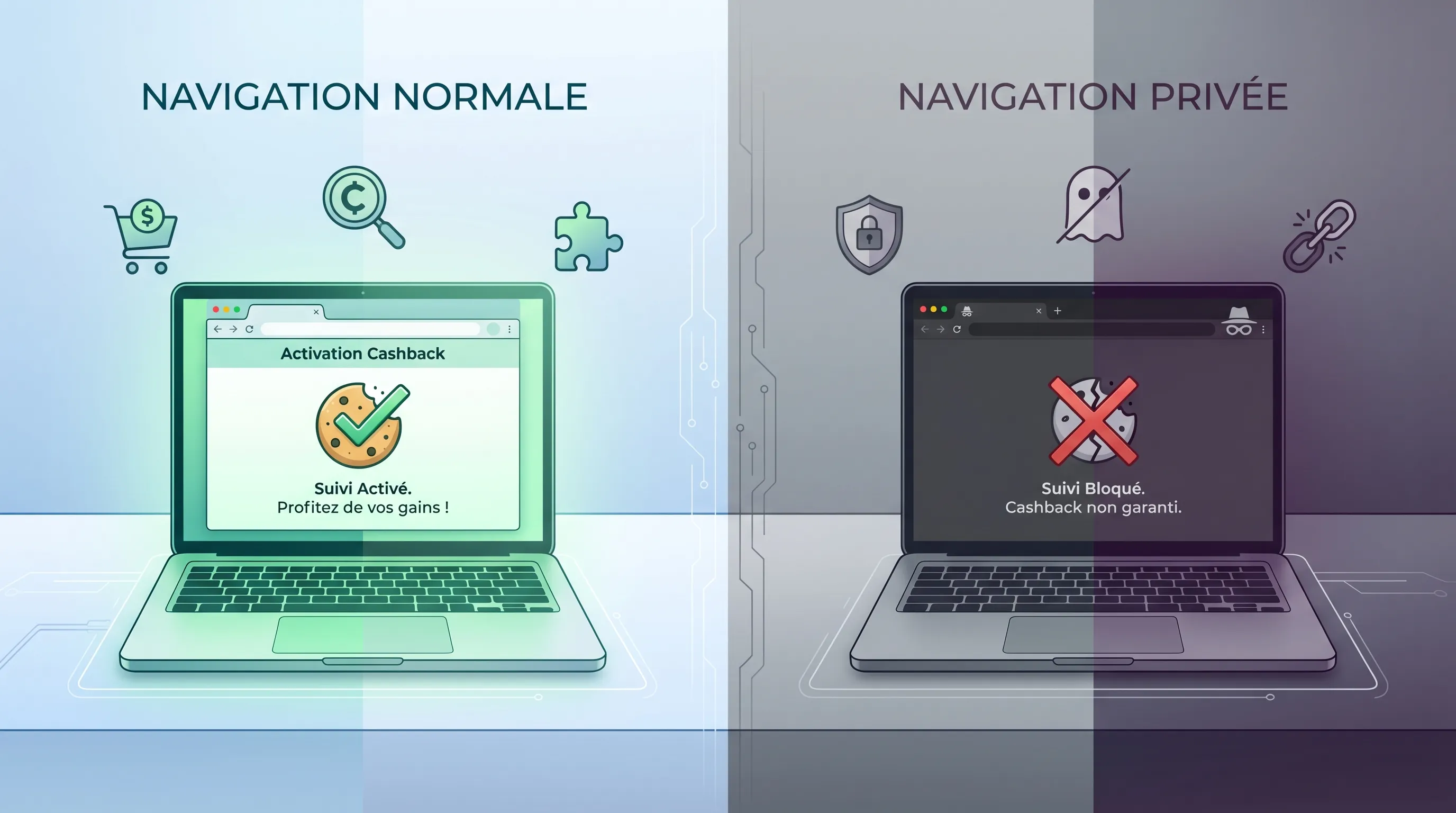 Écran affichant un navigateur en mode privé (icône incognito) entouré d’éléments symbolisant le cashback (coupon, pièce et flèche), illustrant le risque de perte du tracking en navigation privée.