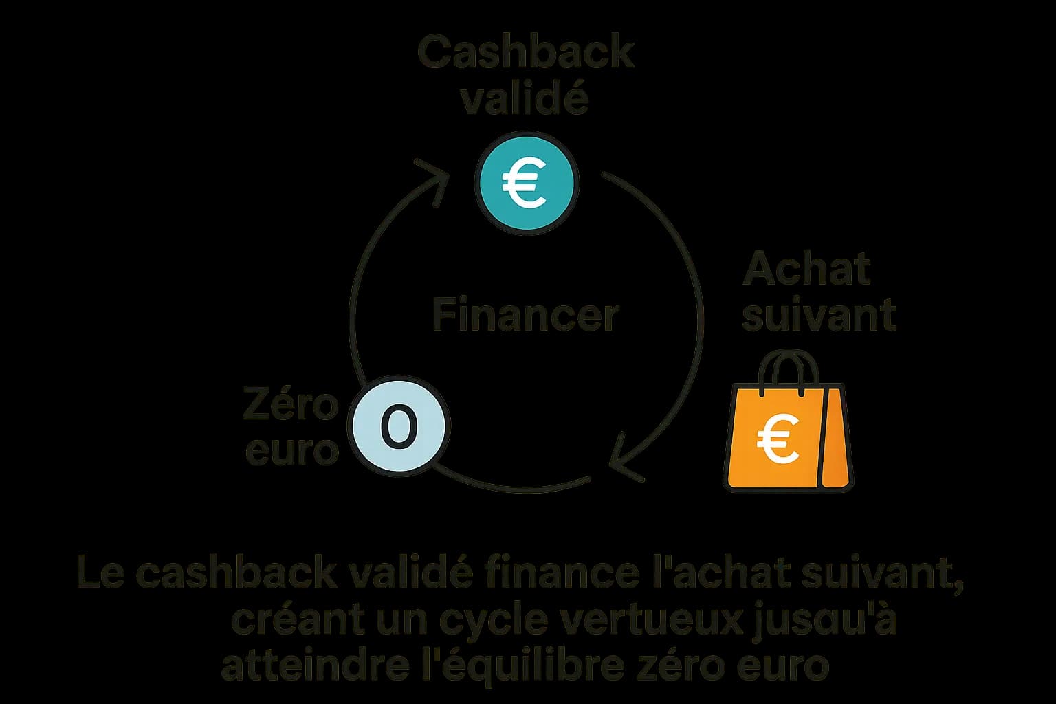 Graphique circulaire montrant comment le cashback validé finance l’achat suivant, créant un cycle vertueux jusqu’à atteindre l’équilibre zéro euro.