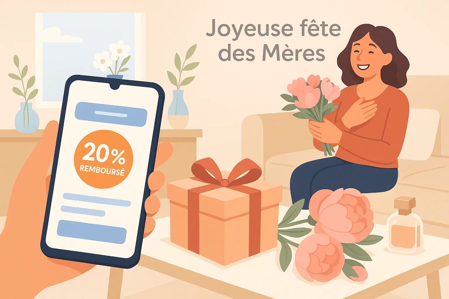 Une mère souriante reçoit un bouquet de pivoines pendant qu’un smartphone affiche une confirmation de 20 % de cashback