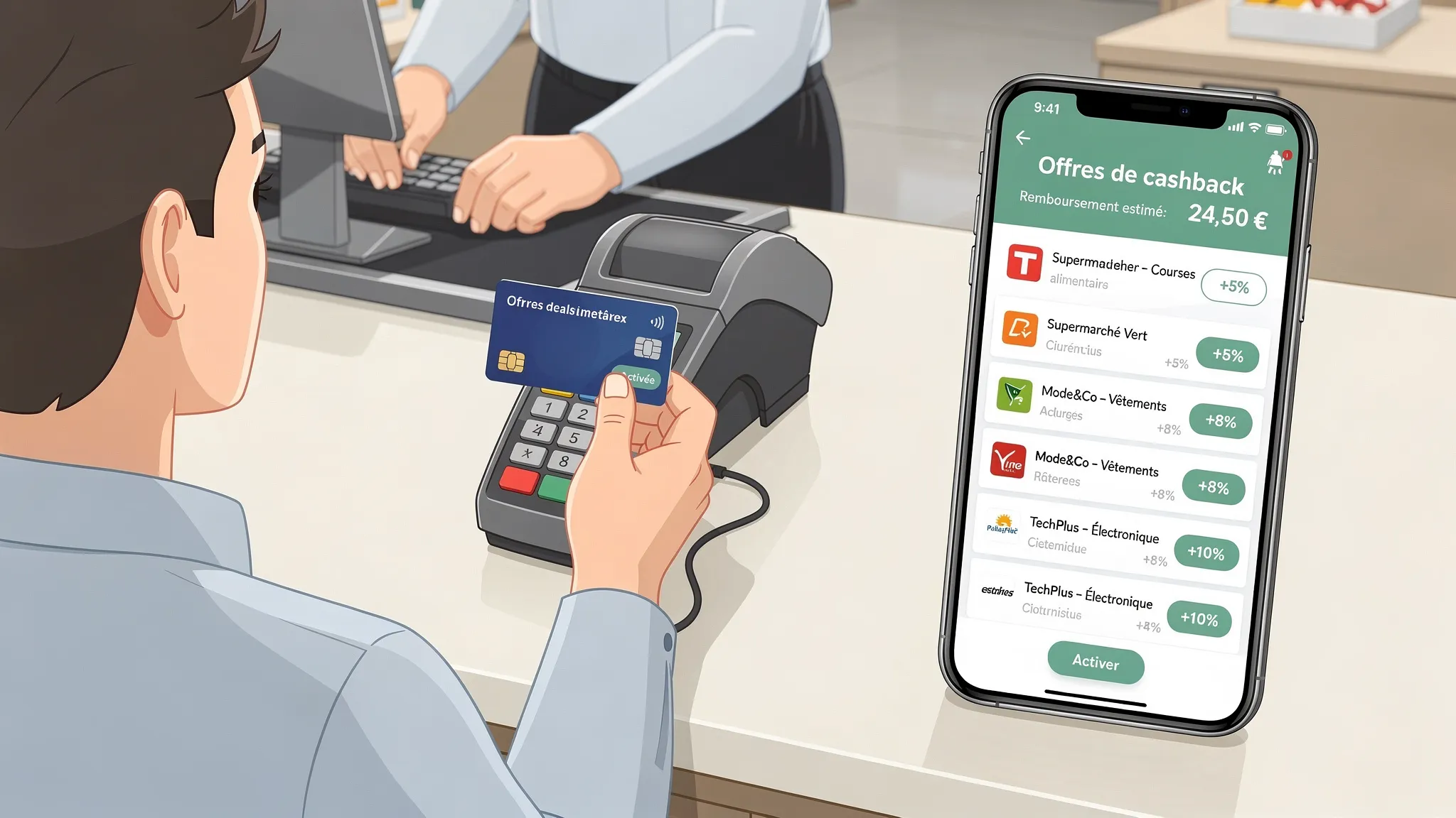 Une personne paye en magasin avec une carte bancaire, tandis qu’un smartphone posé à côté affiche une liste d’offres cashback activables par enseigne et catégorie, avec un montant estimé de remboursement.