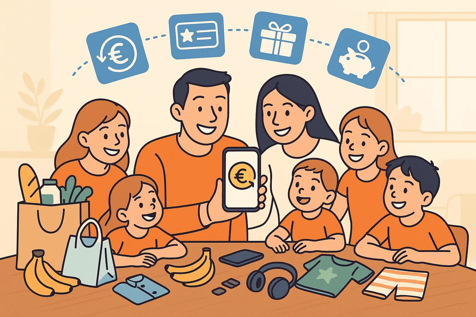 Une mère de famille aux commandes d’un caddie débordant de courses, scanne le code-barres d’une boîte de céréales avec son smartphone pendant que trois enfants souriants regardent l’écran avec un symbole de cashback dans un hypermarché français lumineux.