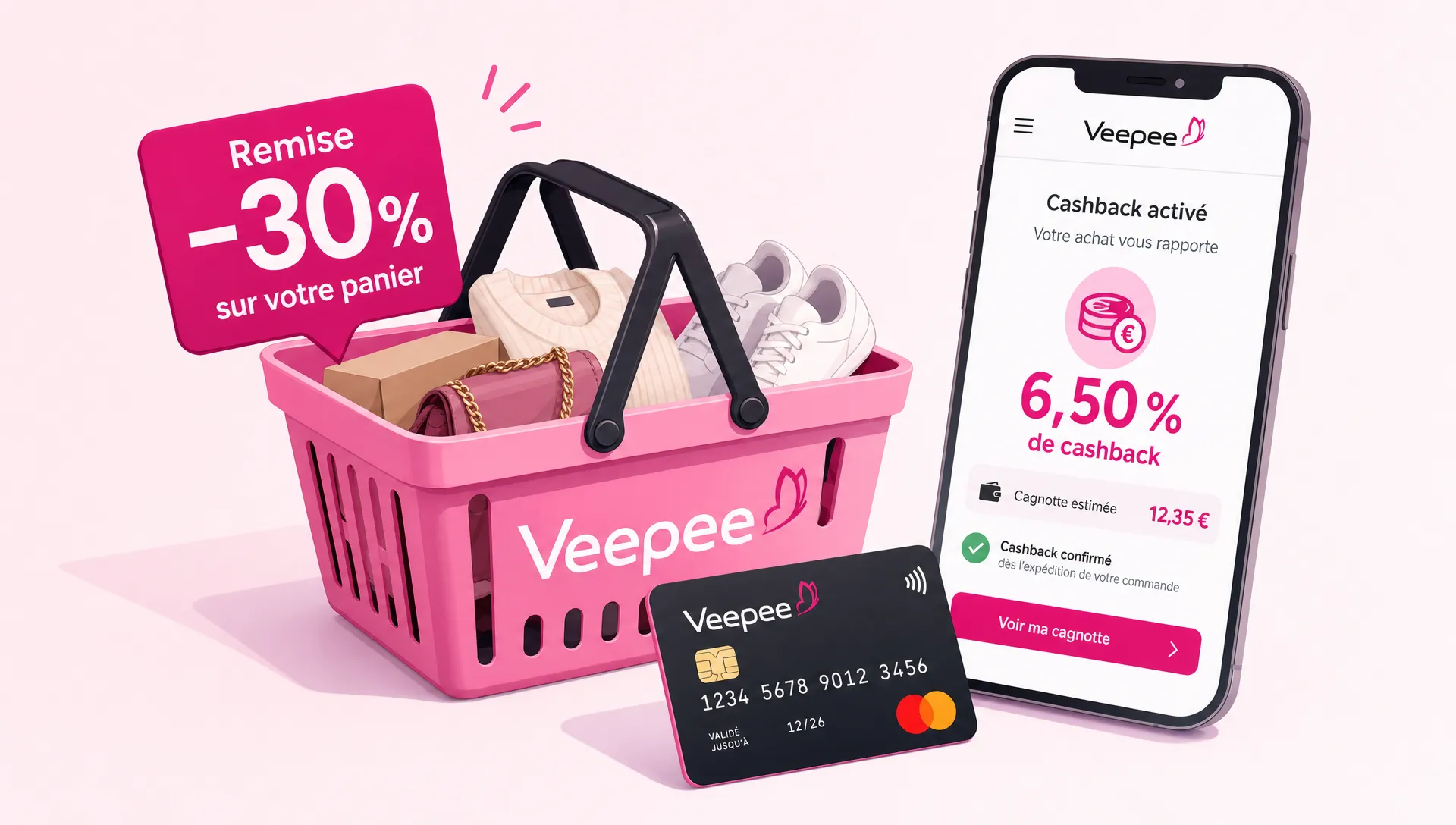 Un panier d’achats Veepee avec une remise affichée, une carte bancaire et un téléphone ouvert sur le cashback à côté.