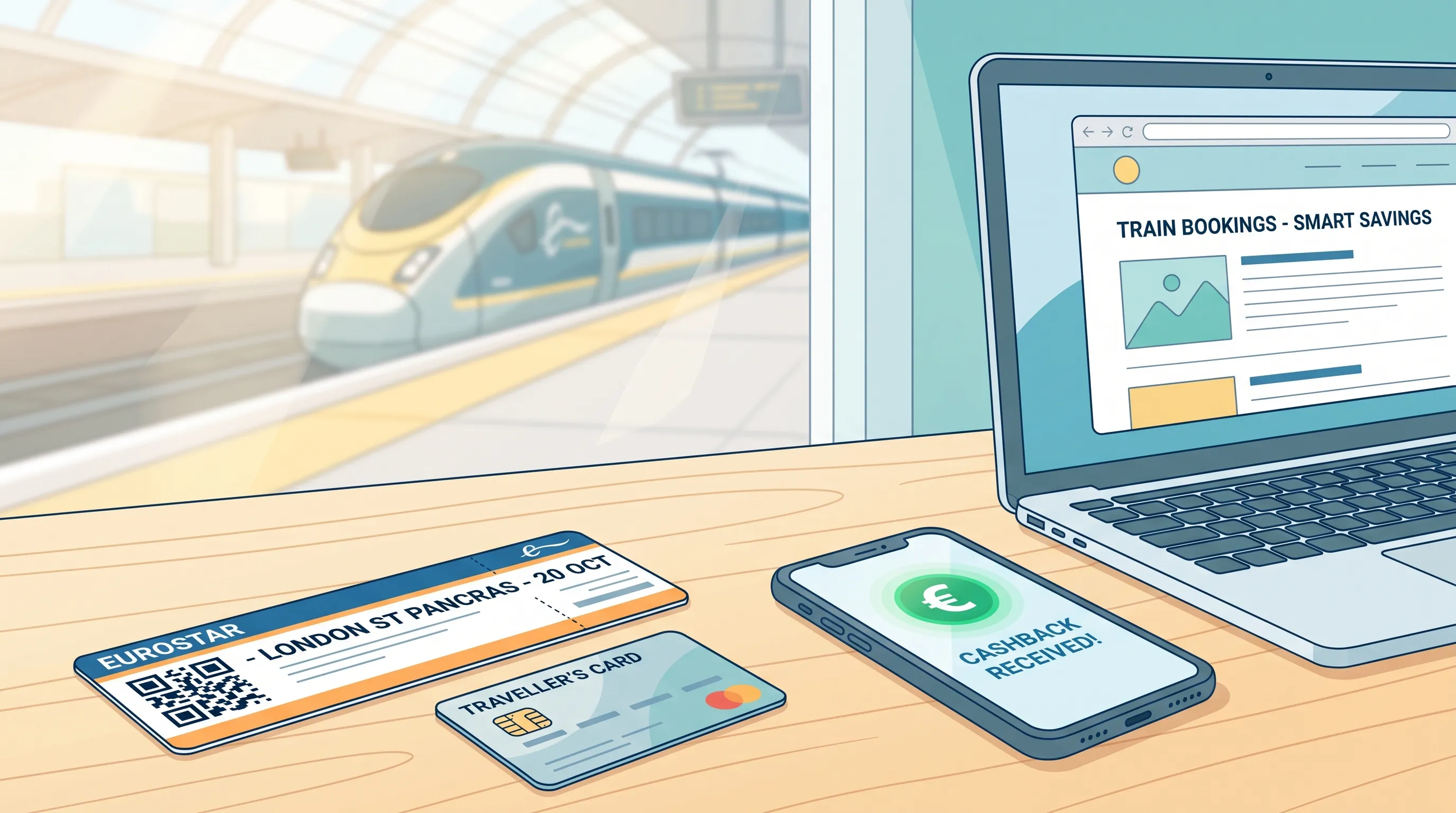 Billet de train posé à côté d’un smartphone affichant SNCF Connect et d’une carte bancaire — illustration des options de cashback pour les billets de train.