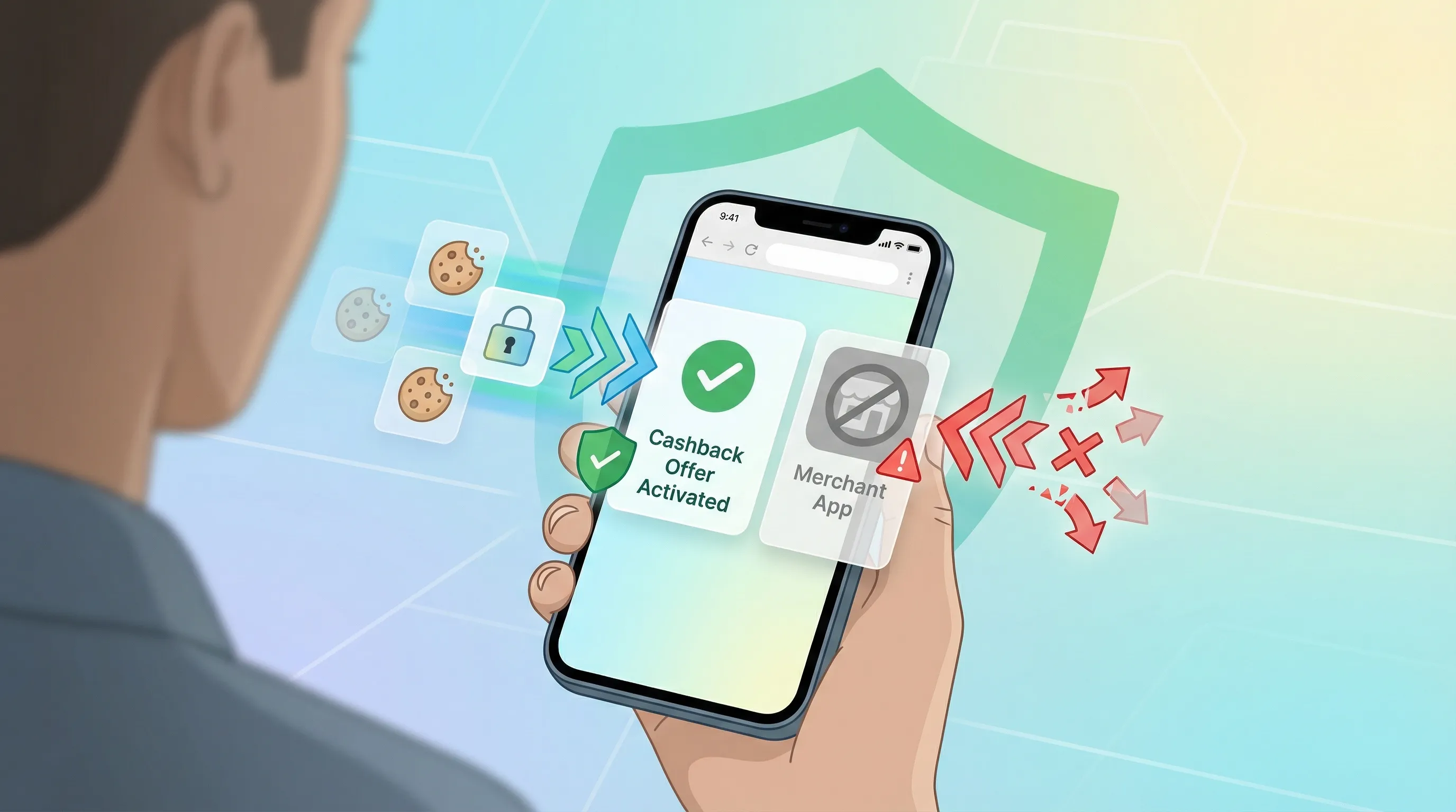 Schéma illustrant le parcours d’achat mobile : flèche verte pour « appli cashback → navigateur → paiement » (tracking OK) et flèche rouge pour « ouverture de l’app marchande » qui casse le tracking.