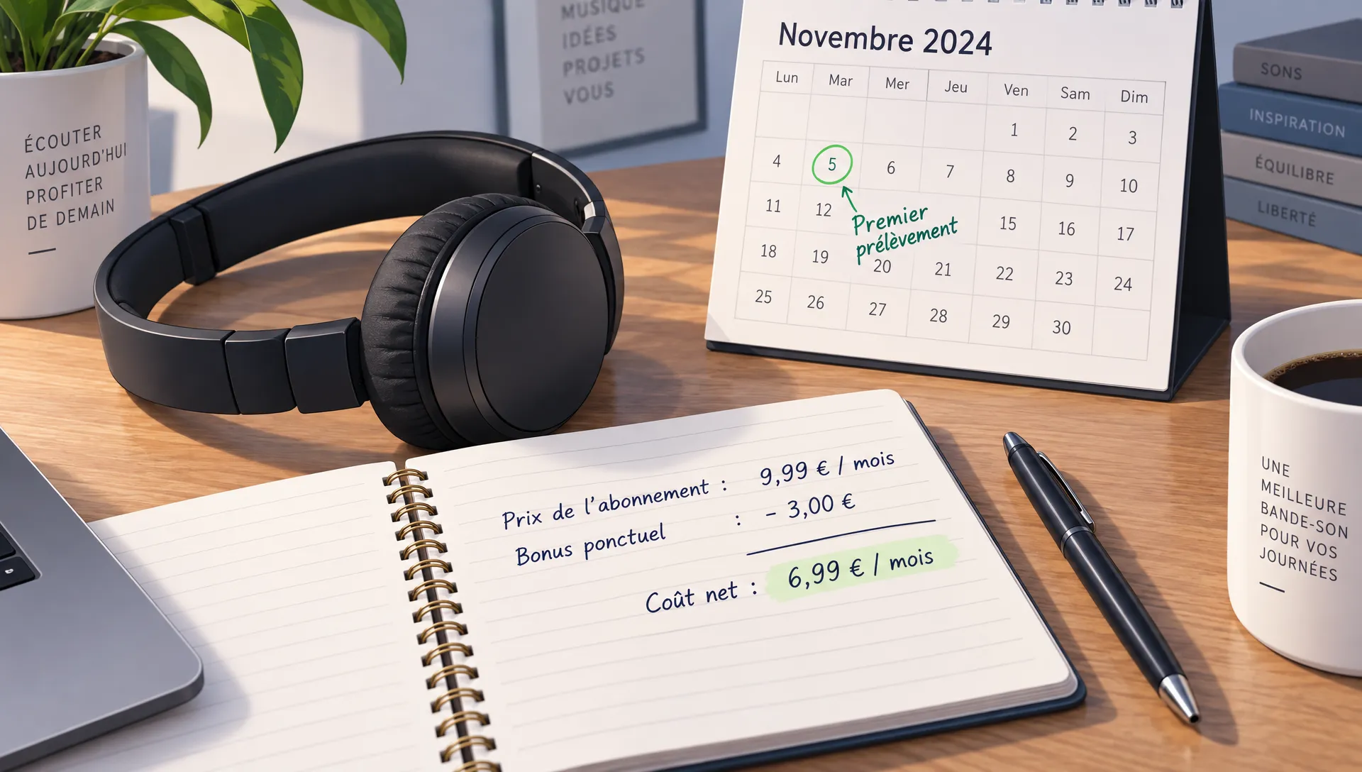Un casque audio posé près d’un carnet ouvert où sont notés le prix de l’abonnement, le bonus ponctuel et le coût net, avec un calendrier indiquant la date du premier prélèvement.