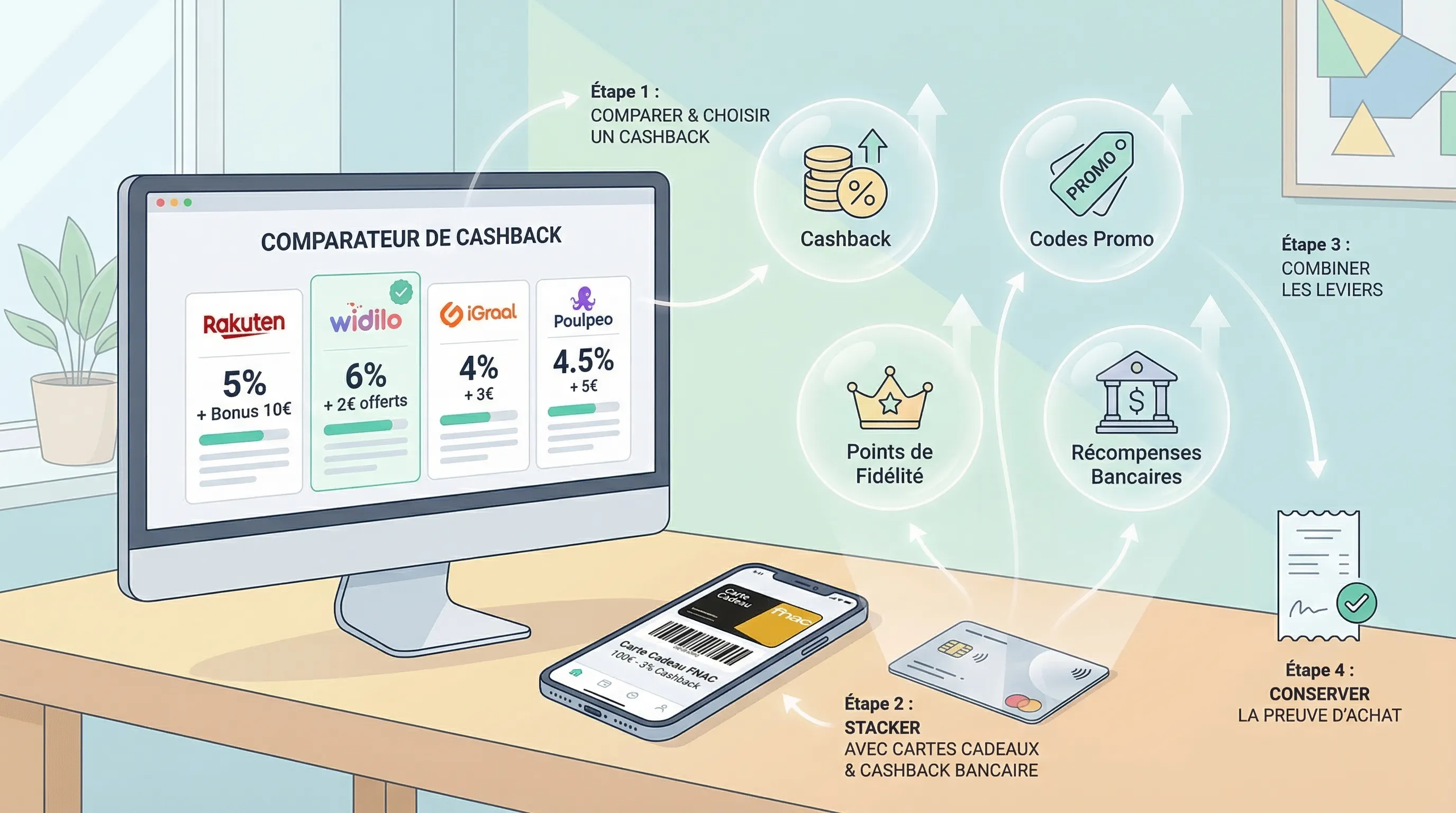 Illustration montrant plusieurs applications et extensions de cashback autour d’un achat en ligne, avec un panneau « 1 seule extension active » pour éviter les conflits de tracking.
