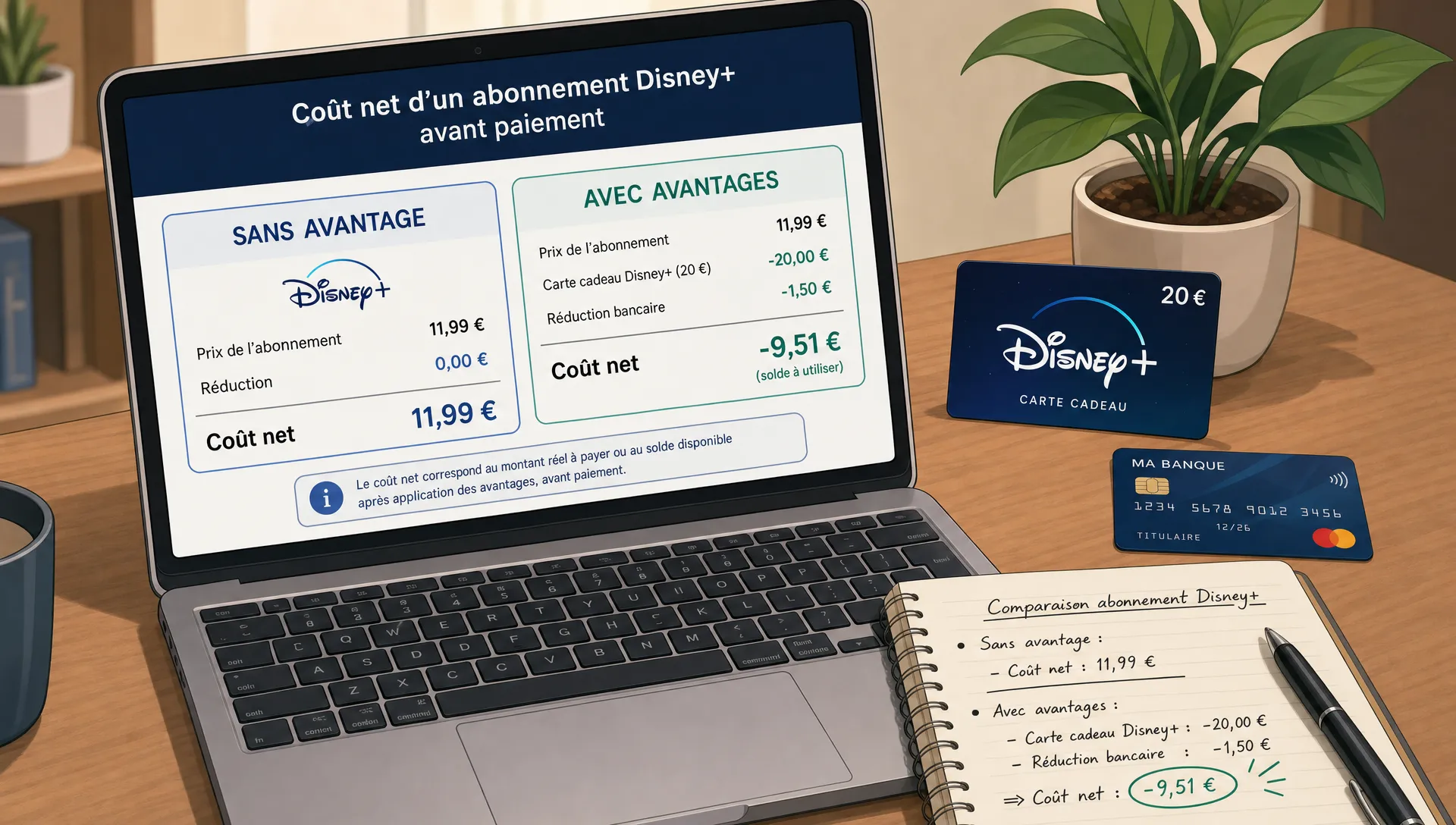 Une table avec un ordinateur portable, une carte bancaire, une carte cadeau et un carnet compare le coût net d’un abonnement Disney+ avant paiement.