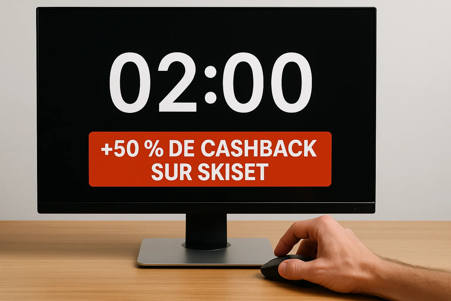Écran d’ordinateur affichant un chronomètre 02:00 et un bandeau “+50 % de cashback sur Skiset”, tandis qu’une main clique en urgence.