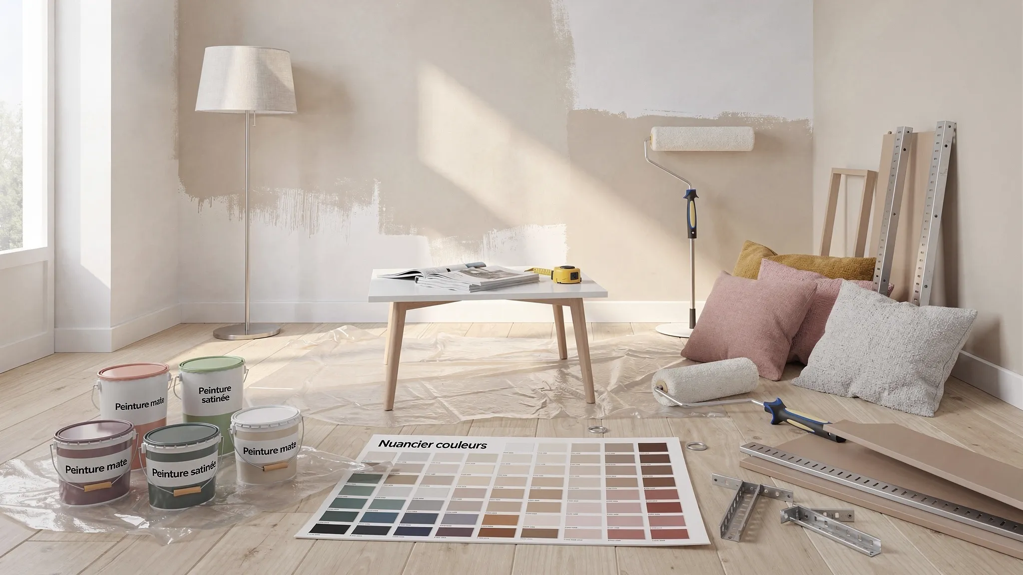 Un salon en cours de rénovation avec pots de peinture, nuancier, rouleaux, coussins, lampe, petite table basse et étagères prêtes à être installées.