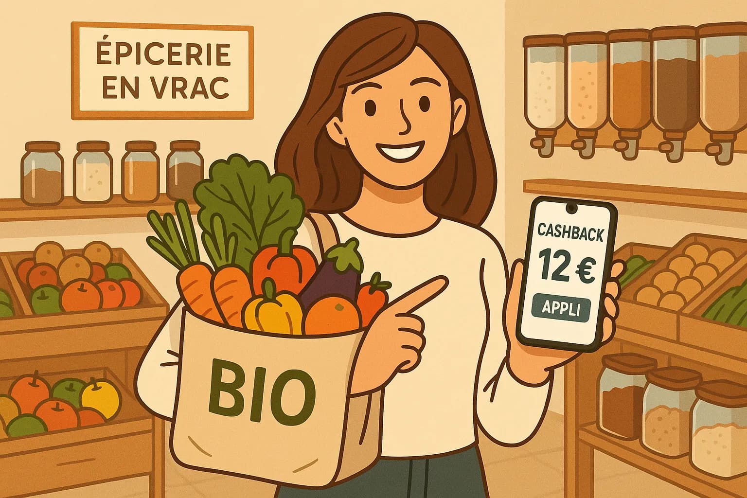 Une jeune femme souriante tient un cabas rempli de légumes et fruits bio multicolores dans une épicerie en vrac décorée de meubles en bois ; son autre main montre l’écran d’un smartphone ouvert sur une appli affichant un cashback de 12 €.