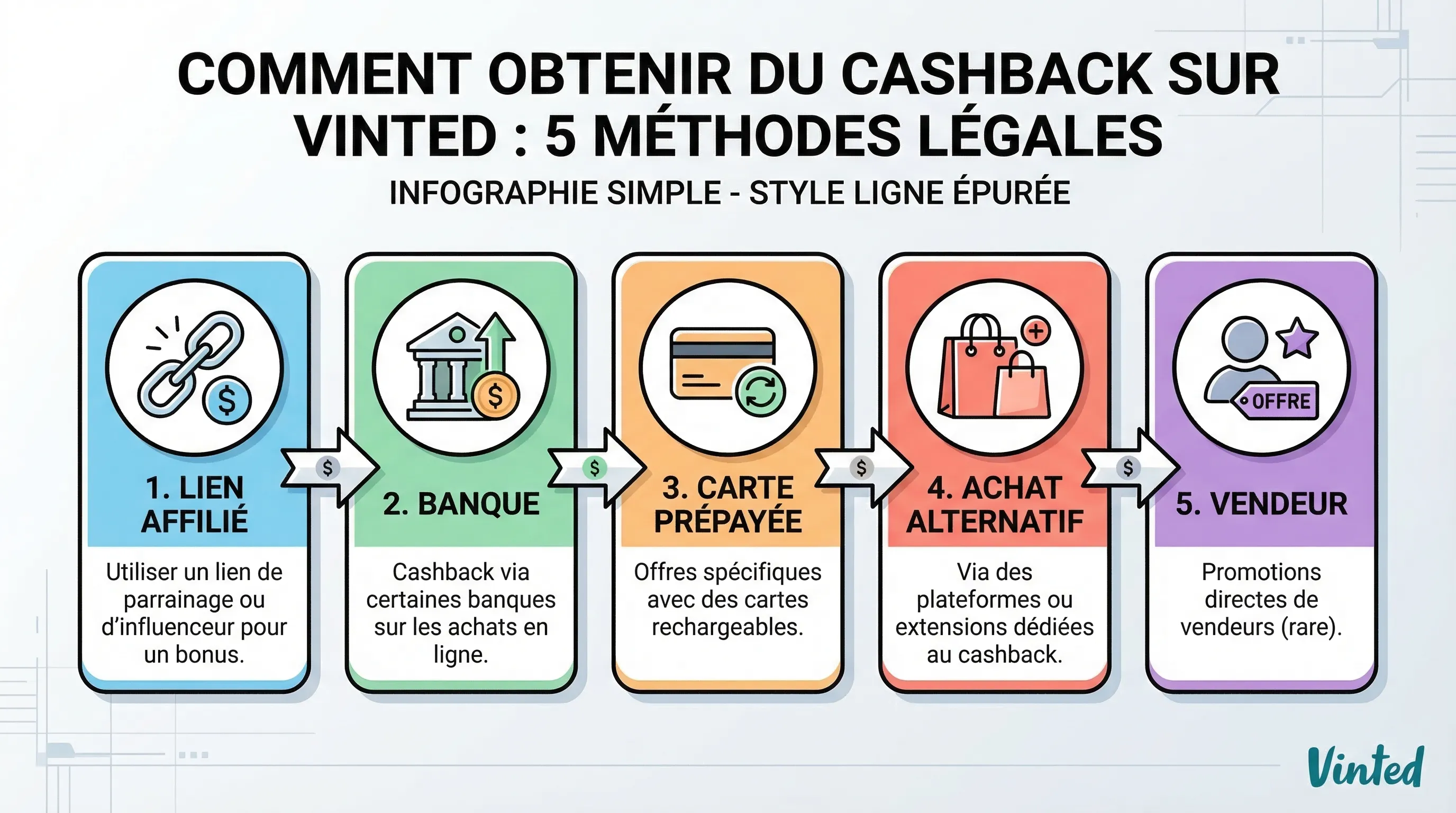 Infographie simple en 5 blocs présentant les 5 méthodes légales pour obtenir du cashback sur Vinted, avec une icône par méthode (lien affilié, banque, carte prépayée, achat alternatif, vendeur).