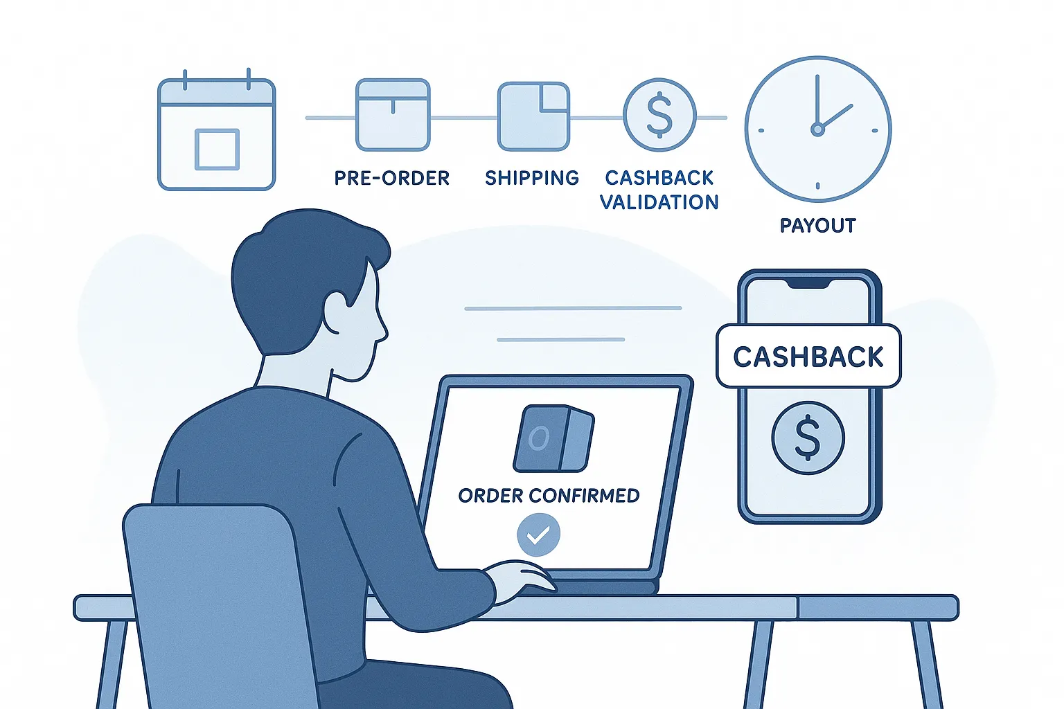 Jeune femme comparant les taux de cashback sur son smartphone pendant qu'elle confirme la précommande d'une console de jeu sur un ordinateur portable