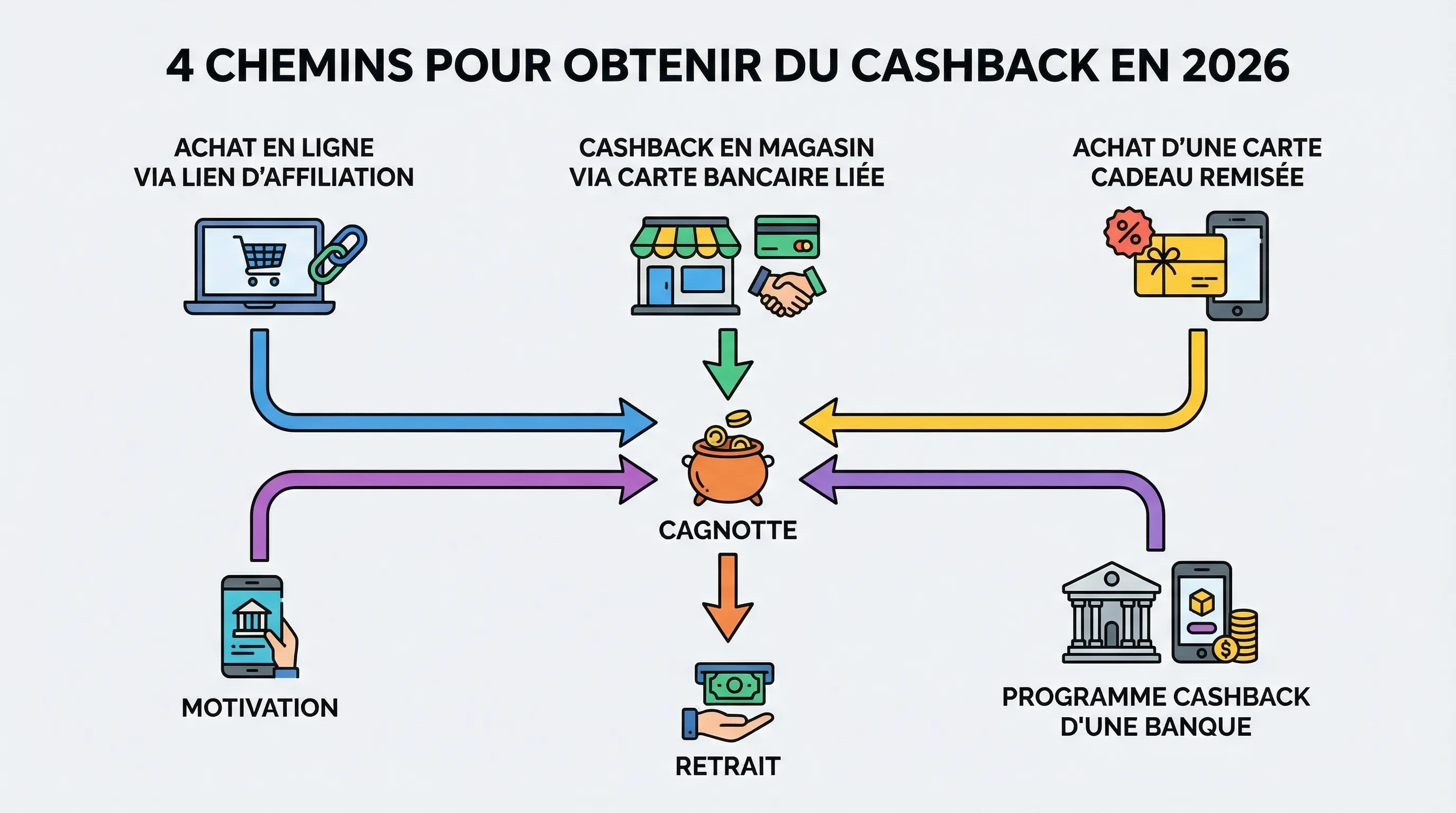 Schéma simple montrant quatre chemins pour obtenir du cashback en 2026 : achat en ligne via lien d’affiliation, cashback en magasin via carte bancaire liée, achat d’une carte cadeau remisée, programme cashback d’une banque. Chaque chemin mène à une c...