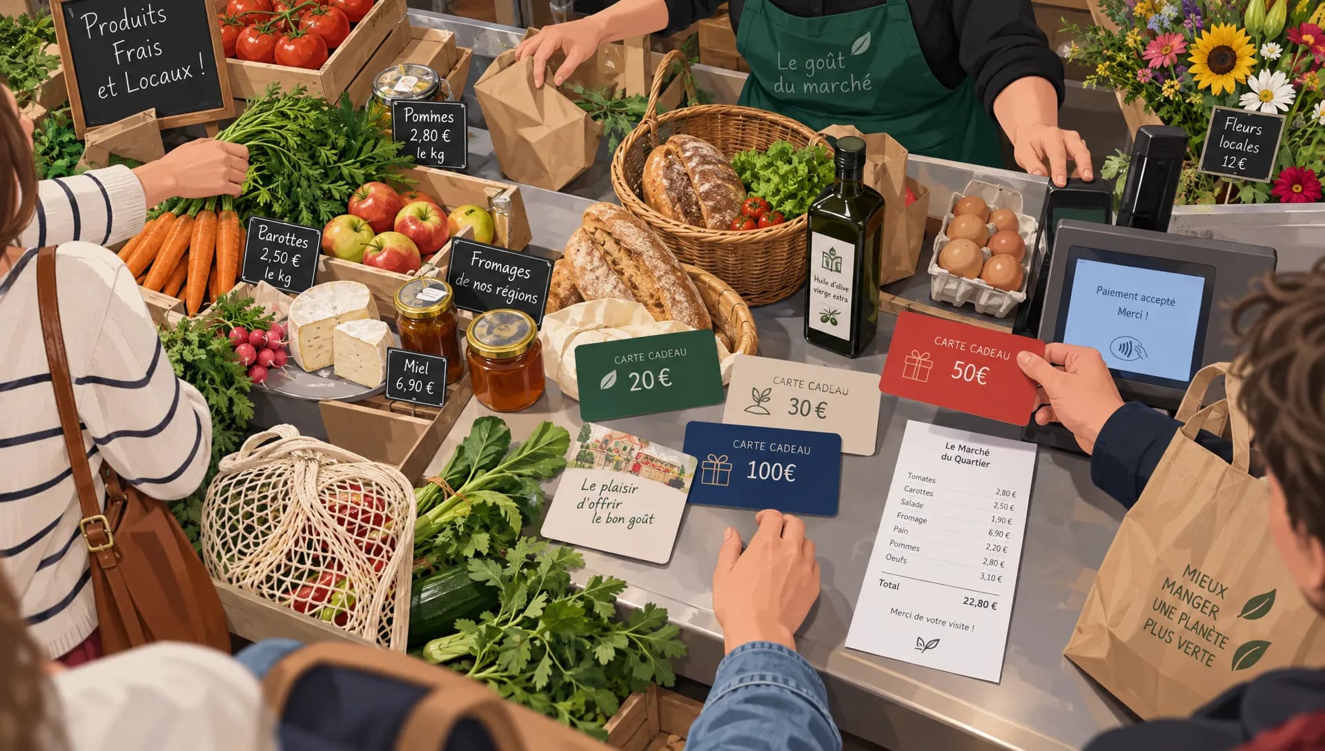 Deux cartes cadeaux de montants différents accompagnent un ticket et des notes de calcul pour comparer eBuyClub ou iGraal.