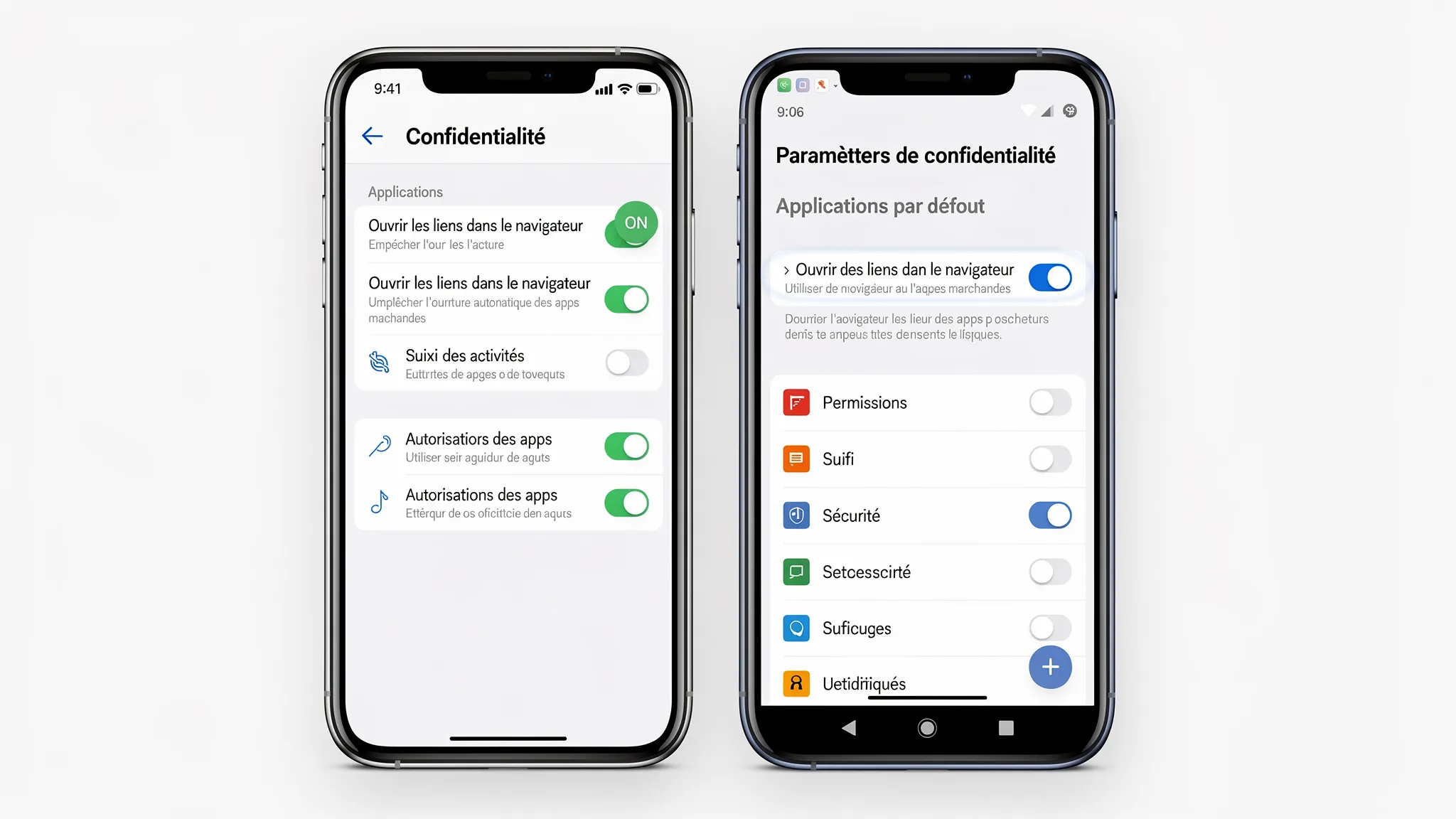 Deux smartphones côte à côte, l’un sous iOS et l’autre sous Android, affichant des réglages de confidentialité et un réglage “ouvrir les liens dans le navigateur” pour éviter l’ouverture automatique d’une app marchande. Les écrans doivent être lisibl...