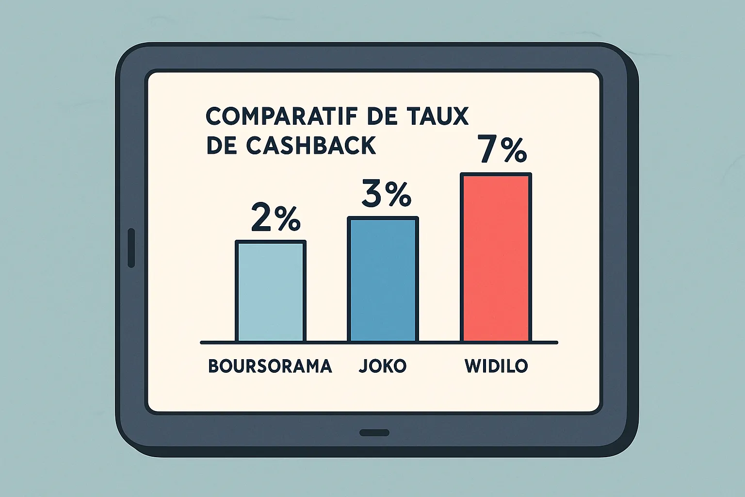 Tablette affichant un comparatif de taux de cashback entre Boursorama, Joko et Widilo, avec des barres montrant l'écart de pourcentage.