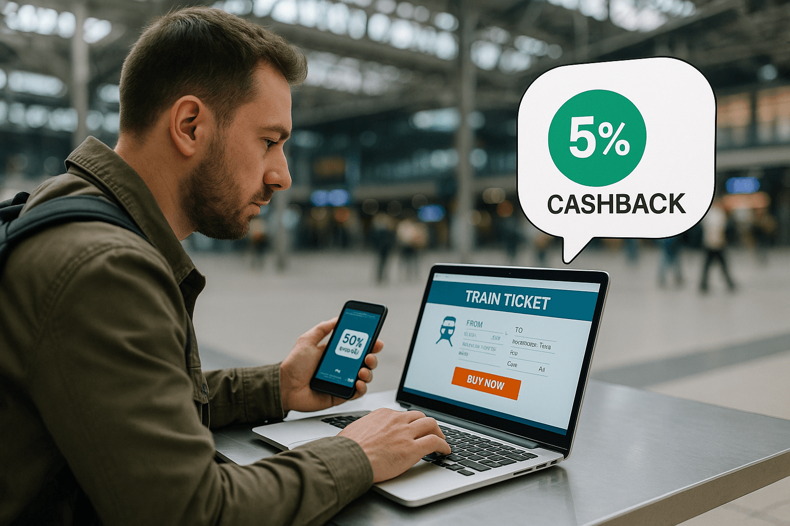 Un voyageur achète un billet de train sur son ordinateur portable, une bulle montre un pourcentage de cashback crédité sur son smartphone, le tout dans une ambiance de gare moderne.