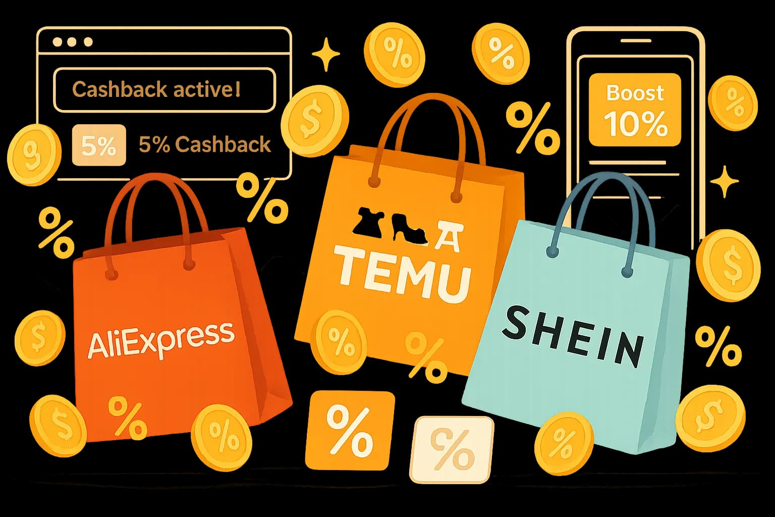 Smartphone montrant les applis AliExpress, Temu et Shein avec une notification « Cashback activé » et pièces de monnaie virtuelles en arrière‑plan