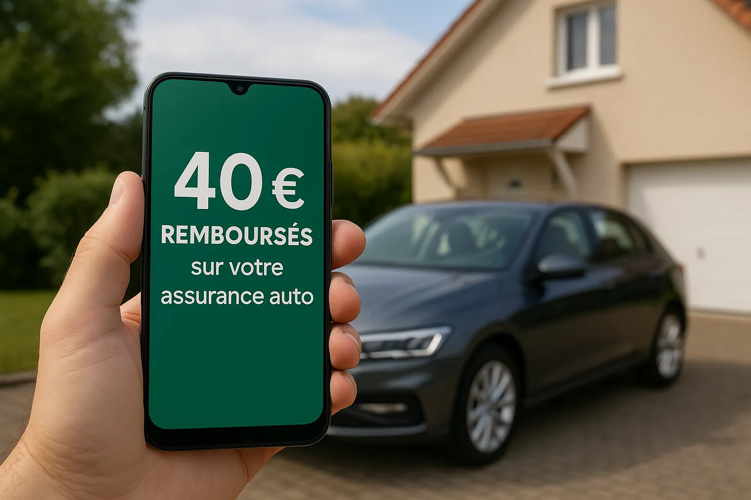Illustration montrant une main qui tient un smartphone affichant « 40 € remboursés sur votre assurance auto » devant une voiture neuve et une maison en arrière-plan, symbolisant les différents contrats concernés par le cashback.
