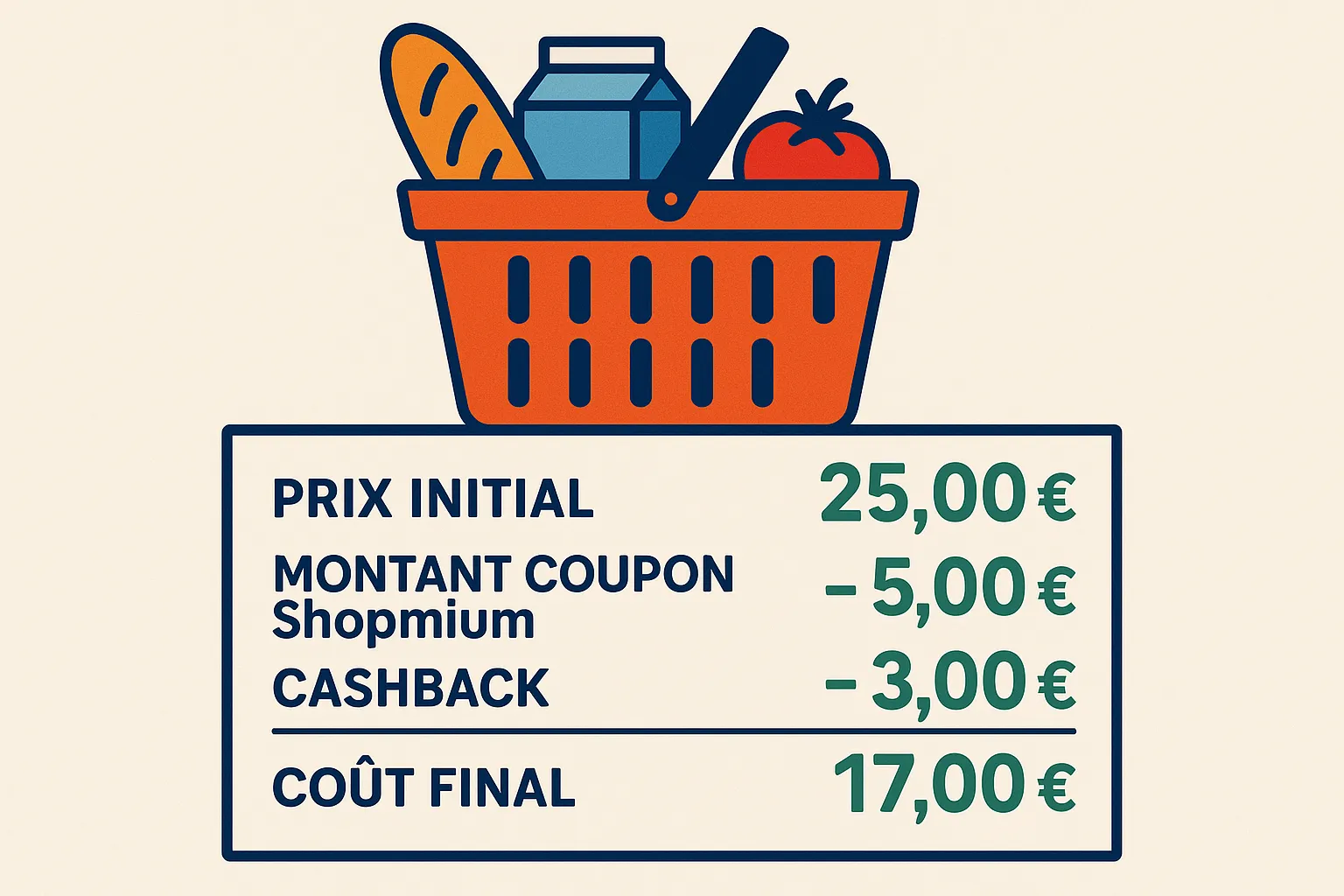 Tableau montrant un panier de courses typique avec le prix initial, le montant coupon Shopmium, le cashback appliqué et le coût final, chiffres mis en évidence en vert.