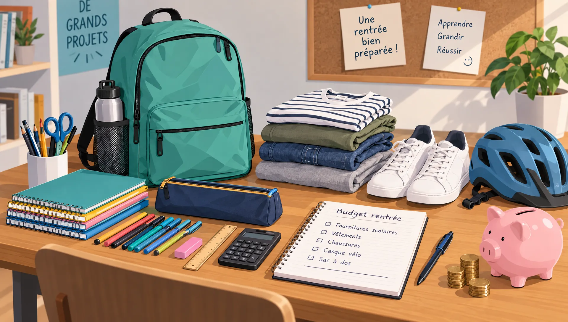 Un sac à dos réutilisable, des fournitures scolaires, des vêtements pliés, des chaussures et un casque de vélo réunis pour organiser les dépenses de rentrée.