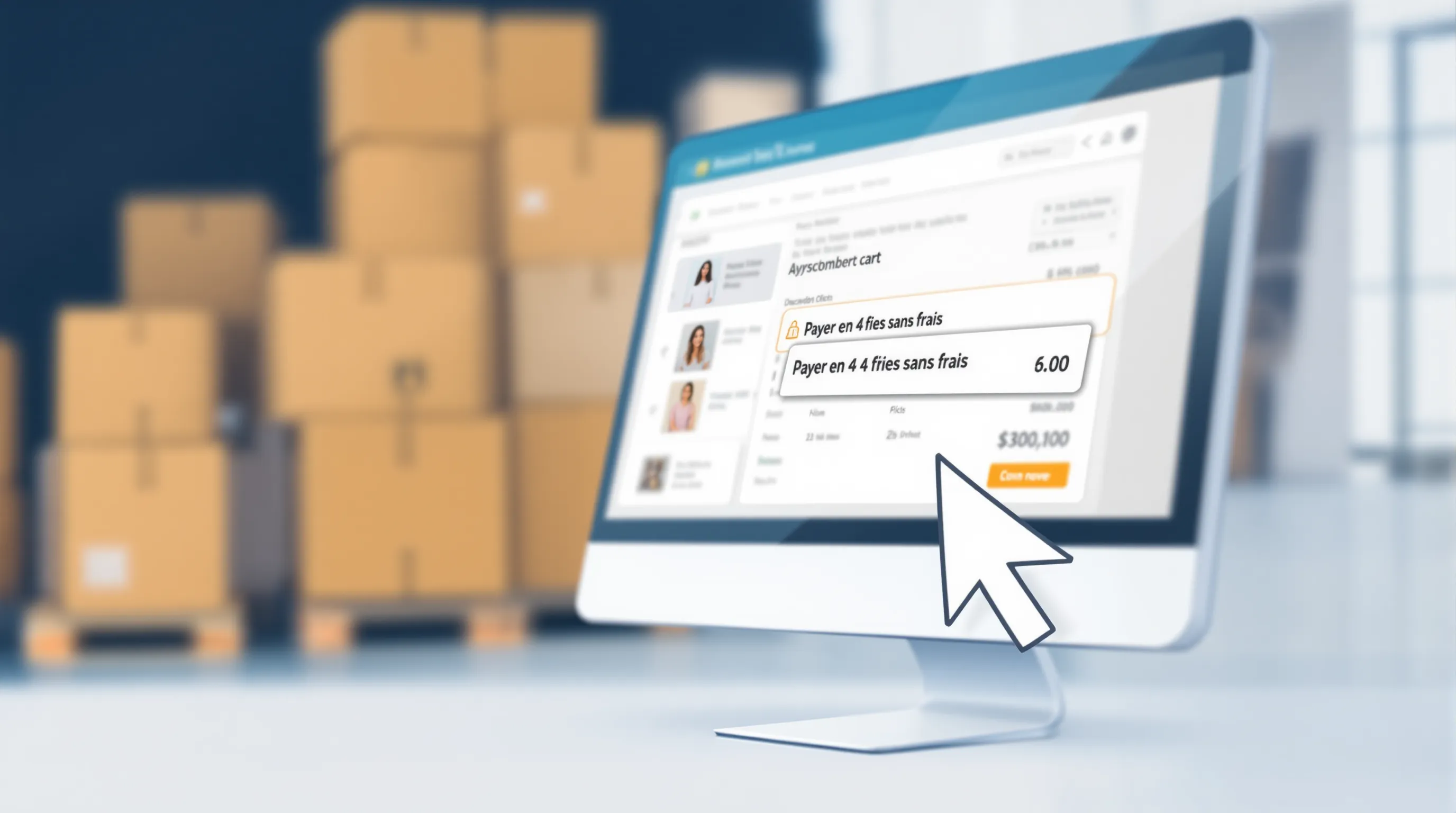 Vue rapprochée d’un écran d’ordinateur affichant un panier e-commerce, la souris pointant sur l’option « Payer en 4 fois sans frais », avec en arrière-plan des boîtes de colis prêtes à l’expédition.