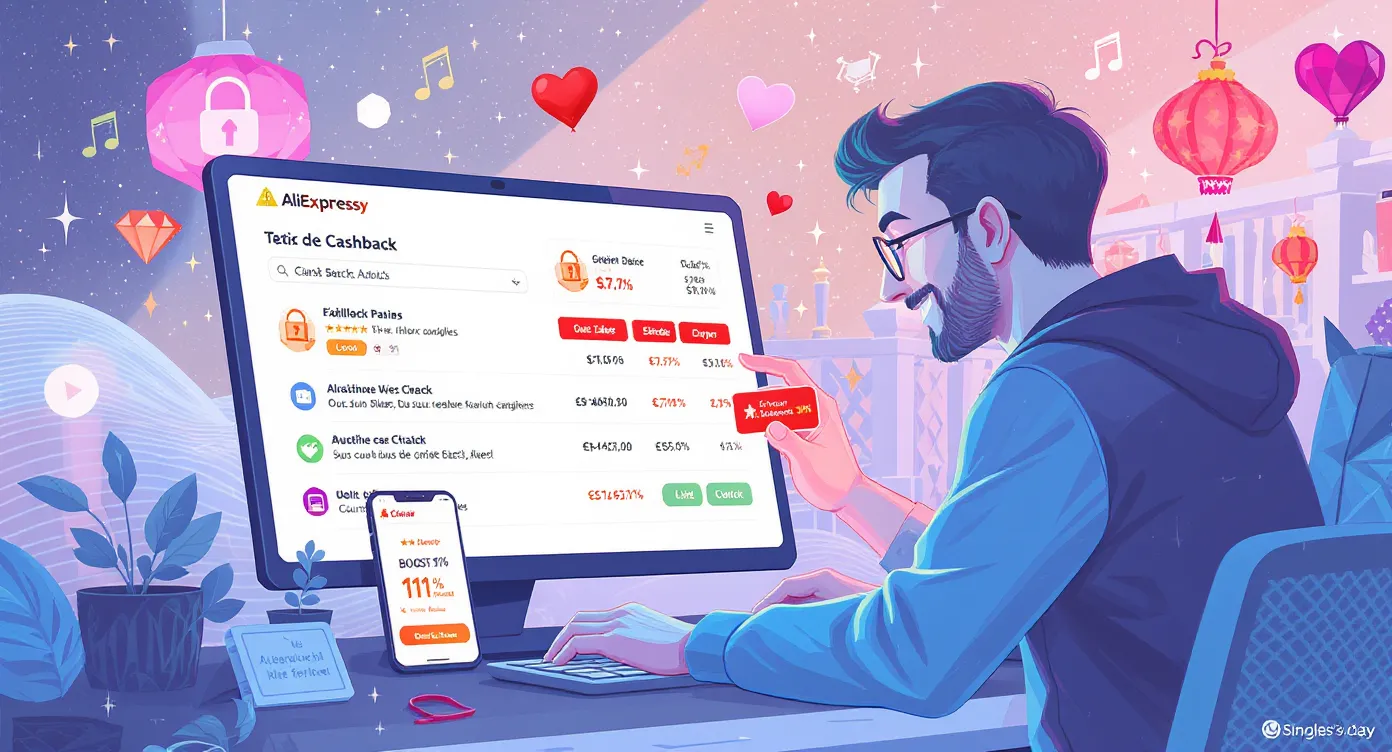 Visuel illustrant un utilisateur comparant des taux de cashback sur son ordinateur avec un smartphone affichant l’alerte “Boost 11 % AliExpress” ; l’ambiance montre l’excitation de Singles’ Day.