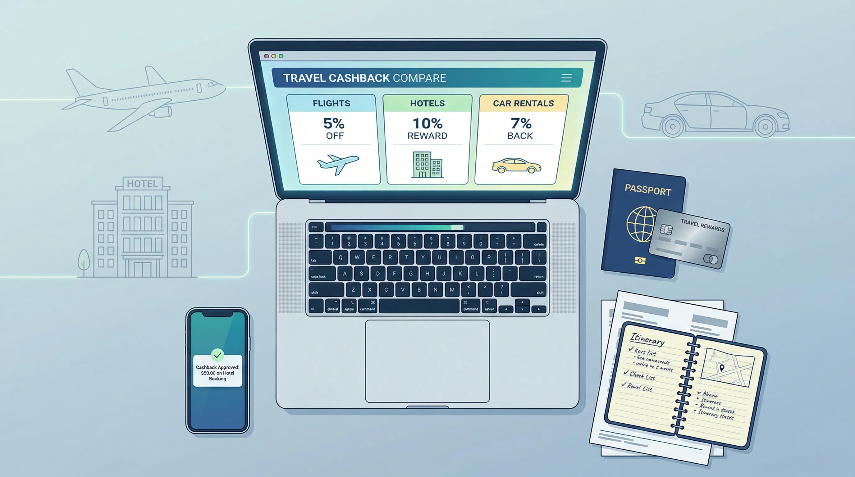 Voyageur préparant son séjour : passeport, carte bancaire et ordinateur portable affichant comparateur de cashback pour vol, hôtel et location de voiture (image neutre, sans logos identifiables).
