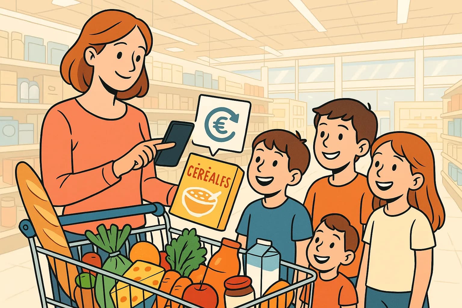 Une mère de famille aux commandes d’un caddie débordant de courses, scanne le code-barres d’une boîte de céréales avec son smartphone pendant que trois enfants, souriants, regardent l’écran où apparaît un symbole de cashback. Le décor est celui d’un ...
