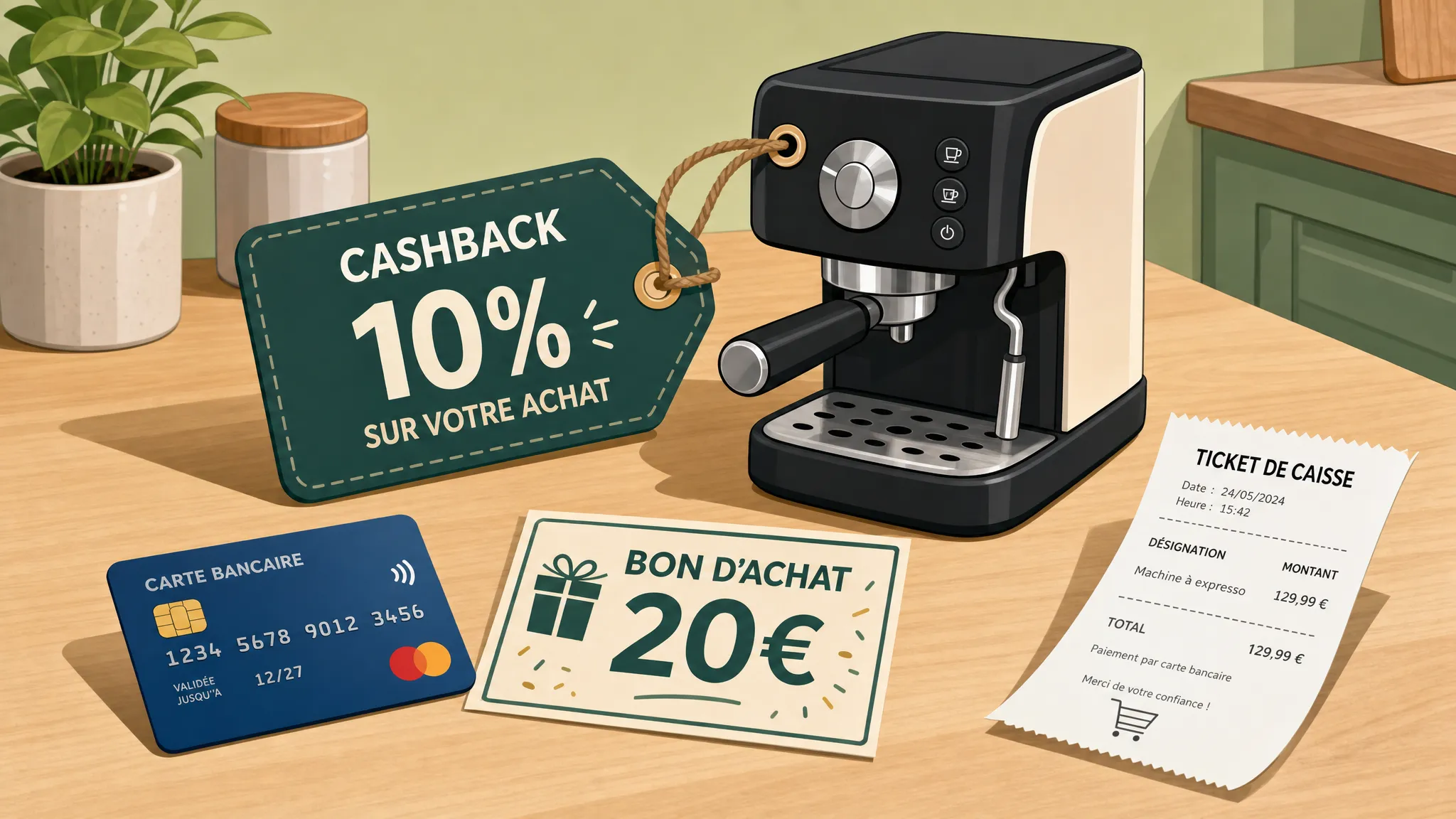 Une carte bancaire, un bon d’achat et un ticket de caisse posés près d’un petit appareil électroménager, avec un pourcentage de cashback affiché sur une étiquette.
