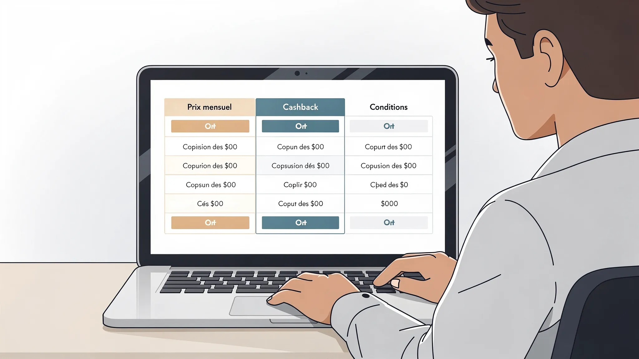Une personne compare des offres d’abonnements logiciels (SaaS) sur un ordinateur portable, avec d’un côté le prix mensuel et annuel, et de l’autre une colonne “cashback” et “conditions”. L’écran est visible de face et montre une interface de comparai...