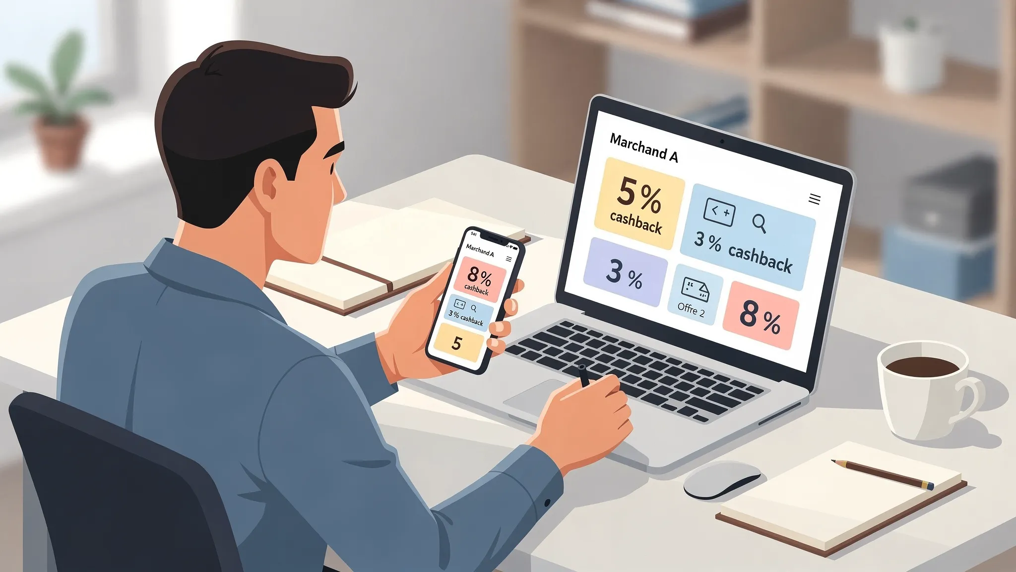 Une personne compare des offres de cashback sur un ordinateur portable et un smartphone, avec des cartes de marchands et des pourcentages visibles de manière générique, sans logos, dans un environnement de bureau. Les écrans sont orientés dans le bon...