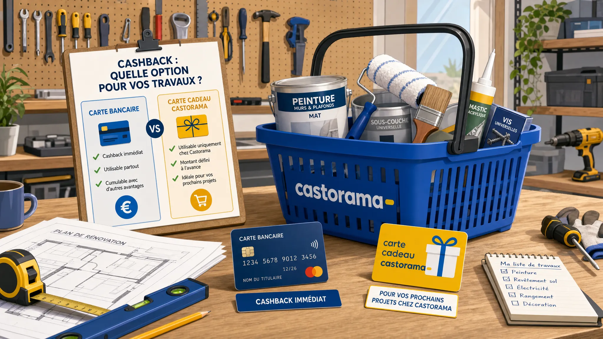 Un établi de bricolage avec pots de peinture, outils, plan de rénovation, carte bancaire et carte cadeau posés à côté d’un panier d’achat Castorama, illustrant la comparaison des options de cashback pour les travaux de maison.
