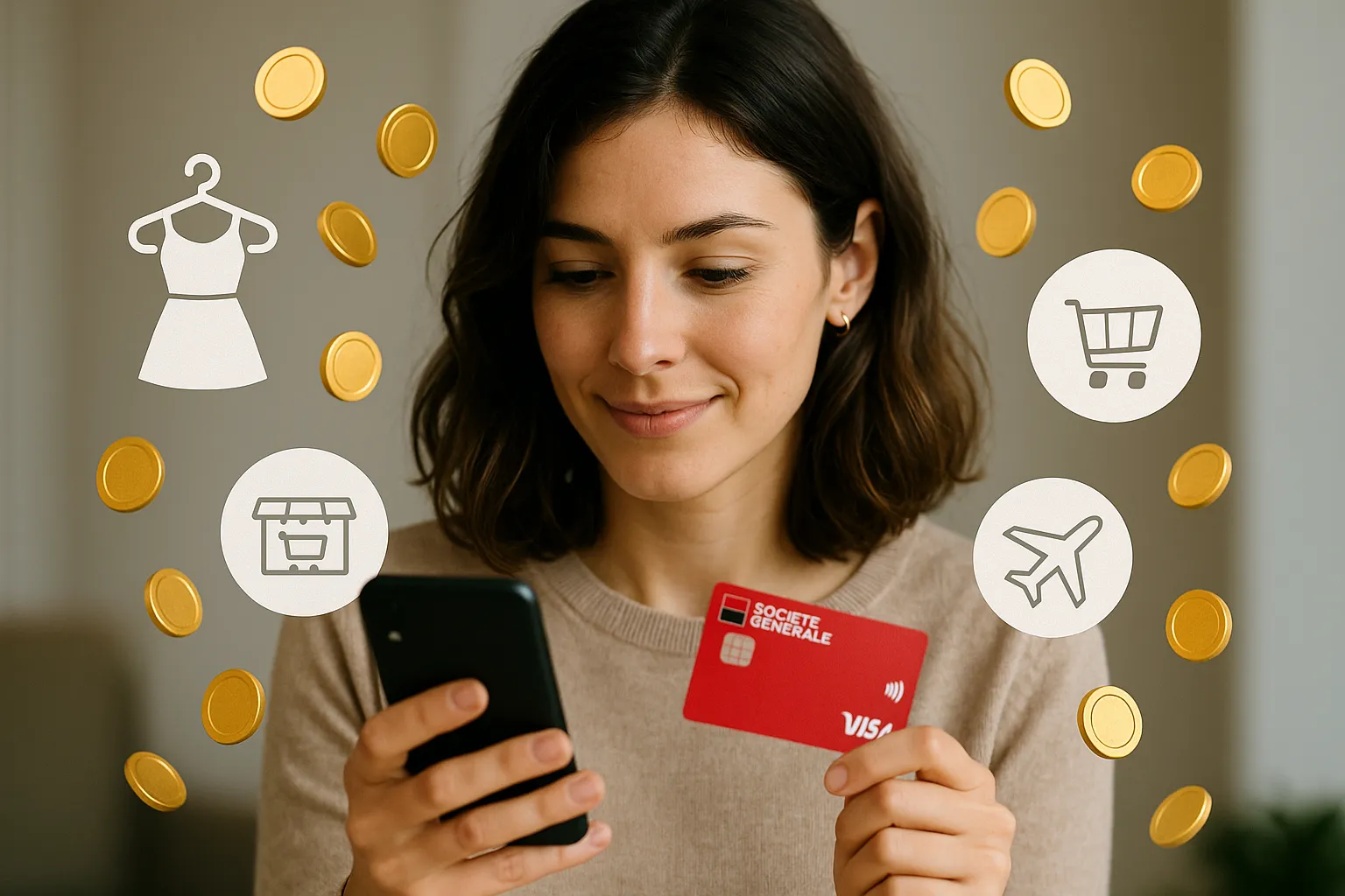 Une jeune femme consulte l'application Société Générale sur son smartphone, carte Visa rouge à la main. Autour d'elle figurent des pictogrammes représentant diverses enseignes (mode, supermarchés, voyage) et des pièces qui tombent pour symboliser le cashback automatique.