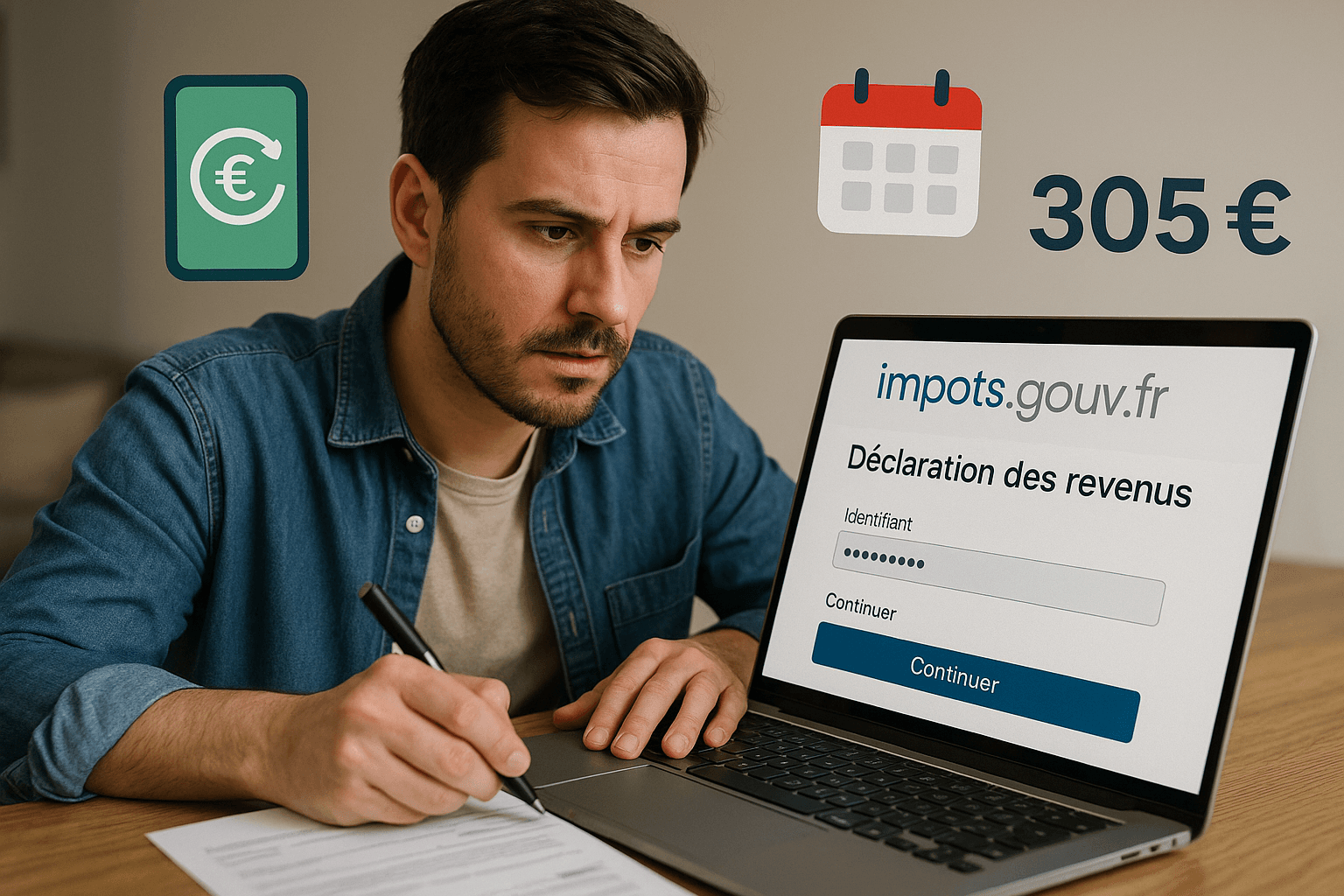 Illustration : un contribuable complète sa déclaration d’impôts en ligne sur impots.gouv.fr, entouré d’icônes représentant une appli de cashback, un agenda et le chiffre 305 €, symbolisant la gestion et la déclaration éventuelle des gains de parrainage dépassant le seuil annuel.