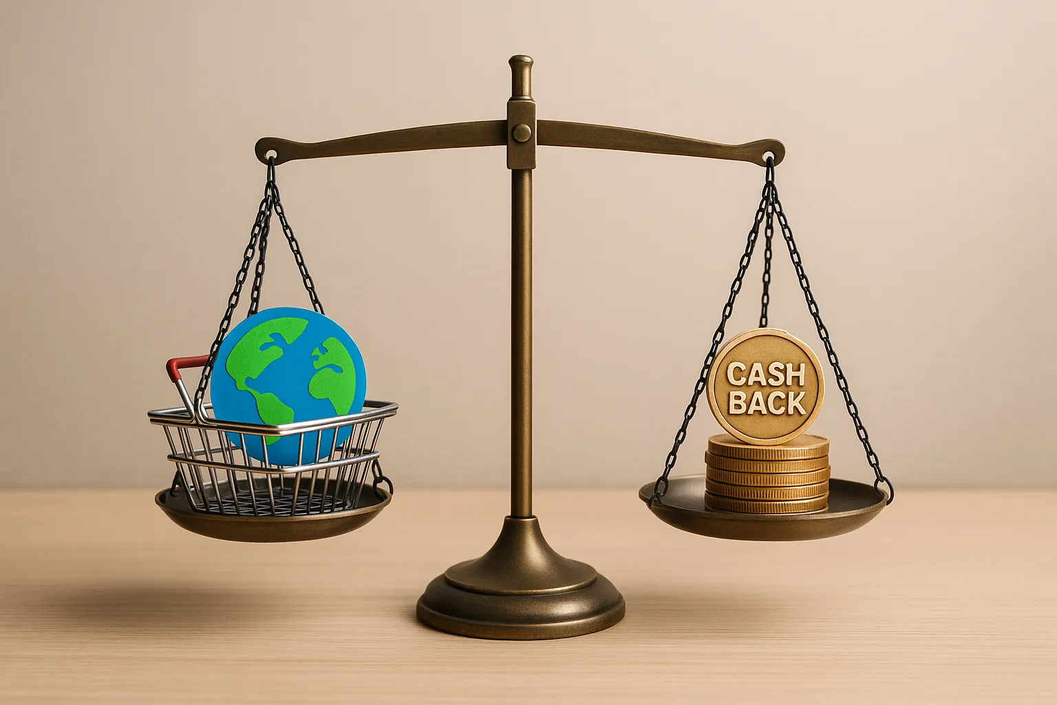 Scène minimaliste montrant deux côtés d’une balance : à gauche un panier d’achats raisonnés et un symbole de planète, à droite des pièces de monnaie représentant le cashback. Les deux côtés sont en équilibre.