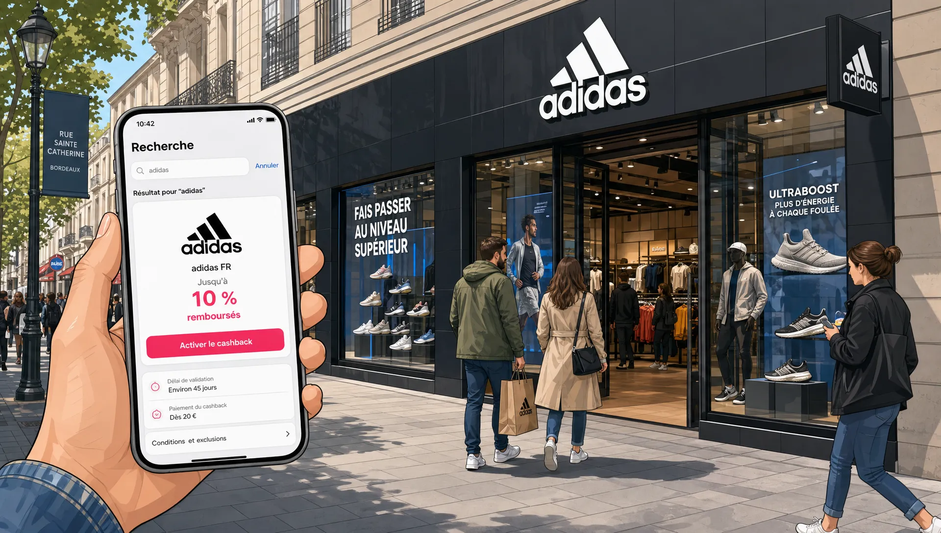 Un panier Adidas avec des baskets, un sweat et des accessoires de sport, accompagné d’une carte de fidélité et d’un reçu de cashback.