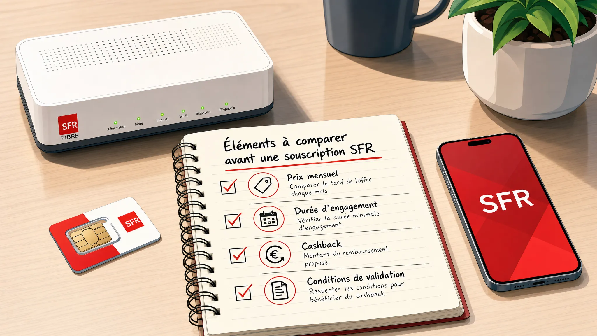Un routeur fibre, une carte SIM et un smartphone posés sur une table, avec un carnet ouvert listant les éléments à comparer avant une souscription SFR : prix mensuel, durée d’engagement, cashback et conditions de validation.