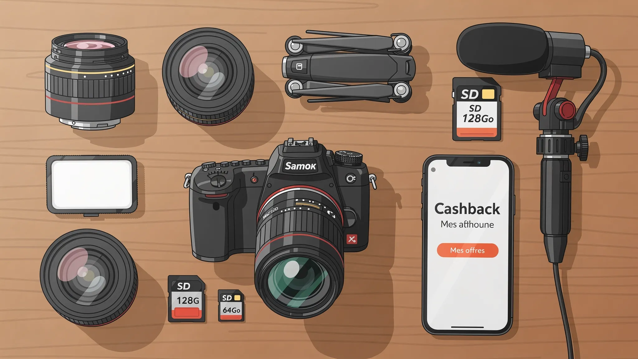 Flat lay d’un setup photo/vidéo moderne sur une table en bois, comprenant un boîtier hybride plein format avec objectif, deux objectifs supplémentaires, un drone plié, un micro shotgun, une lampe LED portable, des cartes SD et un smartphone affichant...