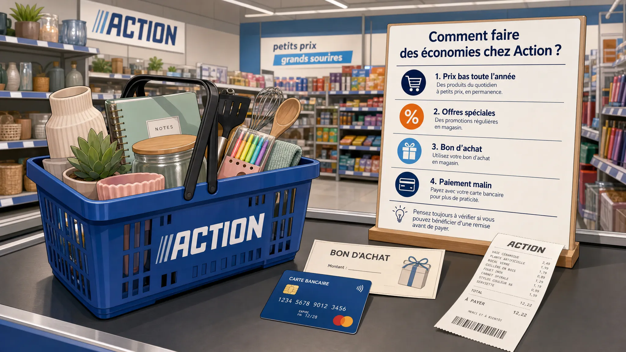 Un ticket de caisse, une carte bancaire, une carte cadeau et plusieurs petits produits de maison et de papeterie posés sur une table, illustrant les différentes façons de chercher une remise après un achat en magasin discount.