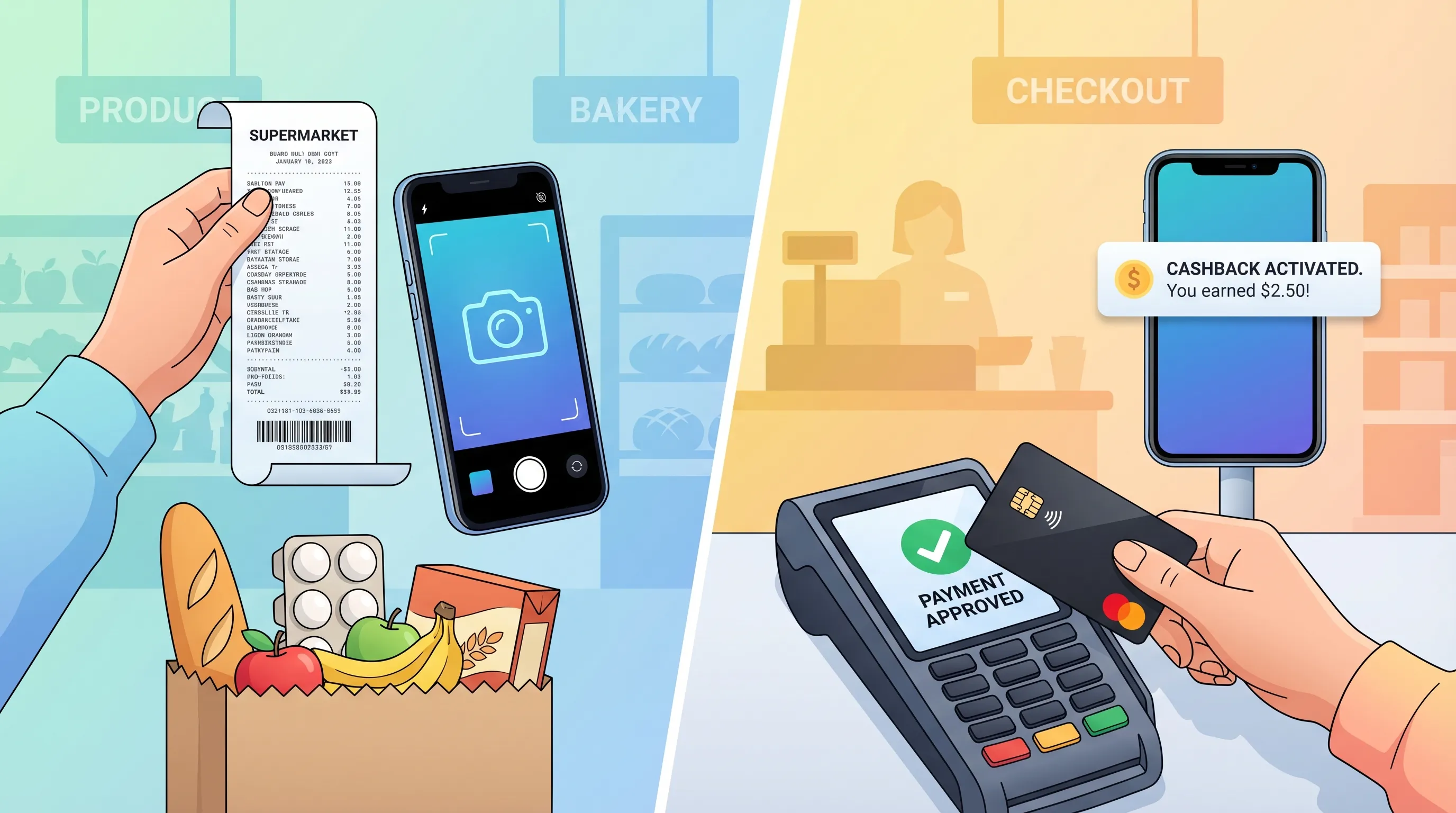 Smartphone affichant une application de cashback, à côté d’un ticket de caisse froissé et d’une carte bancaire — illustration du choix entre scan de ticket et carte liée pour obtenir du cashback sur les courses.