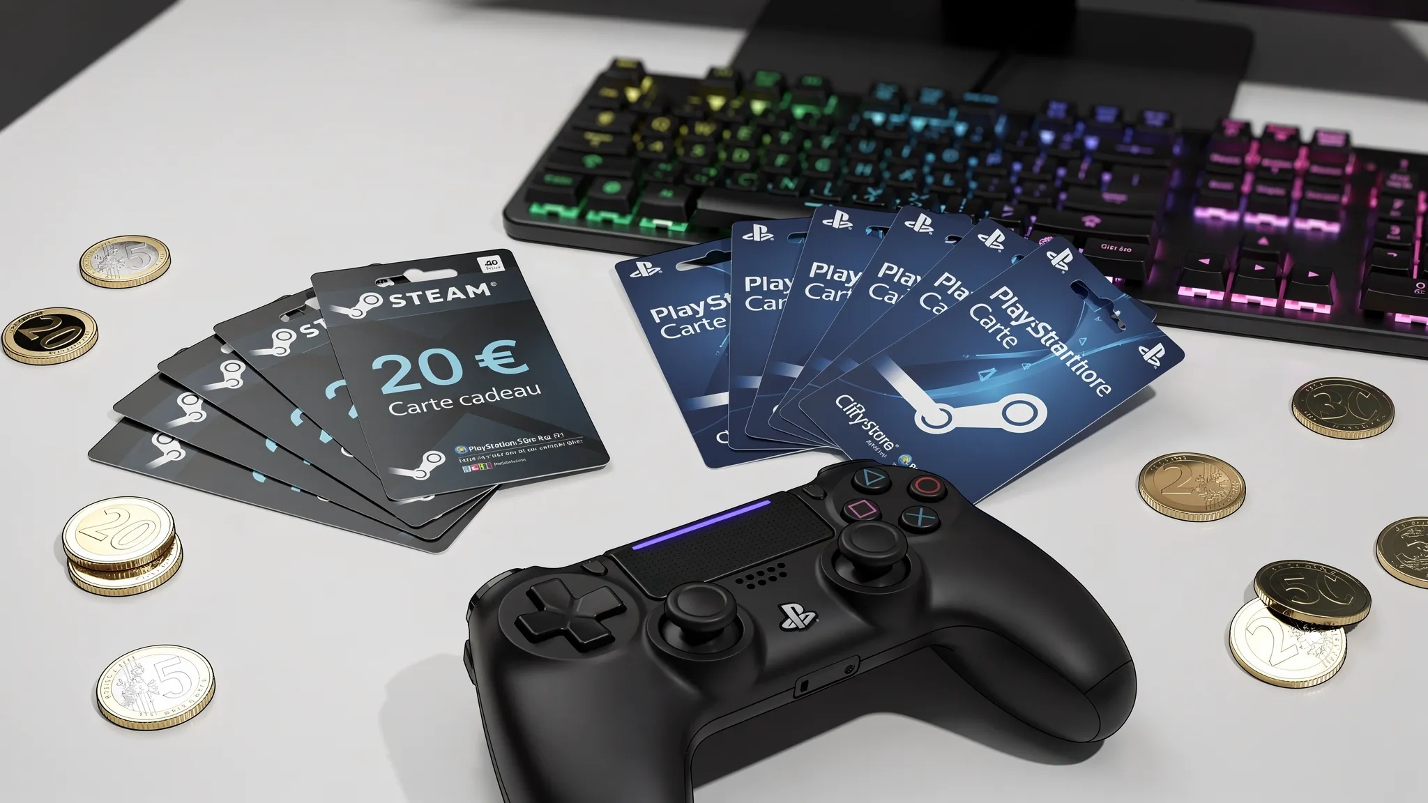 Des cartes cadeaux Steam et PlayStation Store posées à côté d’une manette, d’un clavier de gaming et de pièces symbolisant les économies réalisées sur les jeux vidéo.