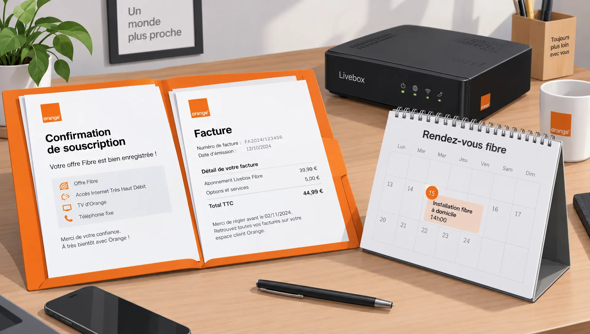 Une confirmation de souscription et une facture Orange sont rangées dans un dossier à côté d’un calendrier de rendez-vous fibre et d’une Livebox.