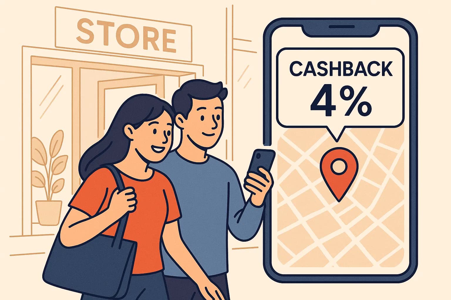 Un jeune couple reçoit sur son smartphone une notification cashback de 4 % alors qu’ils entrent dans une boutique physique, la carte s'affiche en surimpression avec la localisation précise du magasin.