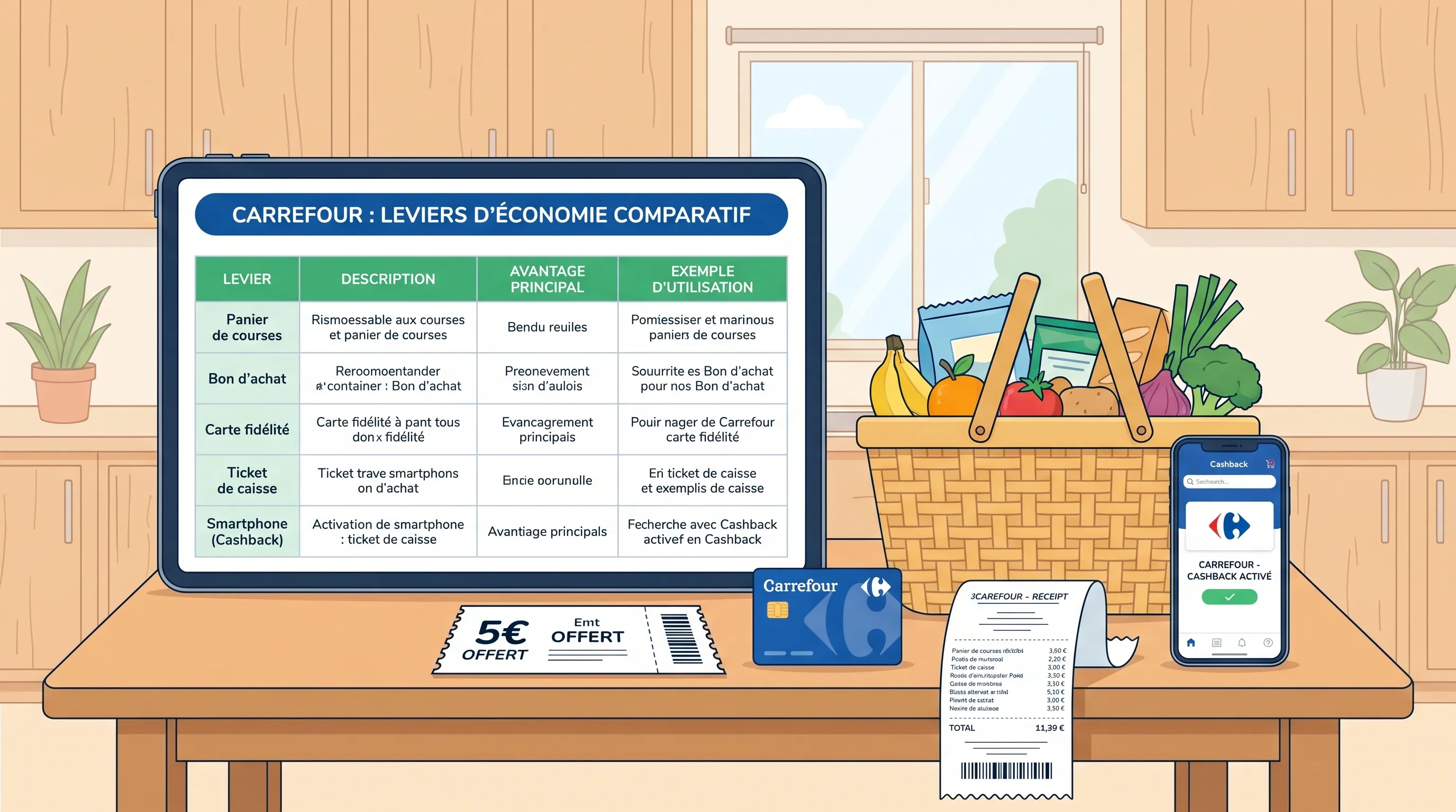 Un panier de courses rempli de produits alimentaires posé à côté d’un smartphone affichant une comparaison de cashback, avec une carte de fidélité et un ticket de caisse visibles sur la table.