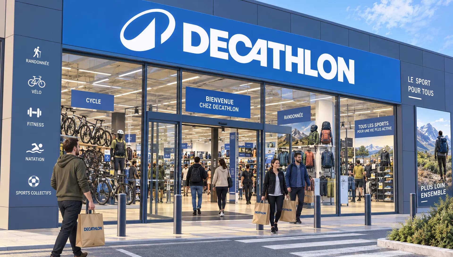 Un client essaie une chaussure de course près d’un tapis de fitness et d’accessoires de randonnée, en préparant un achat Poulpeo Decathlon.