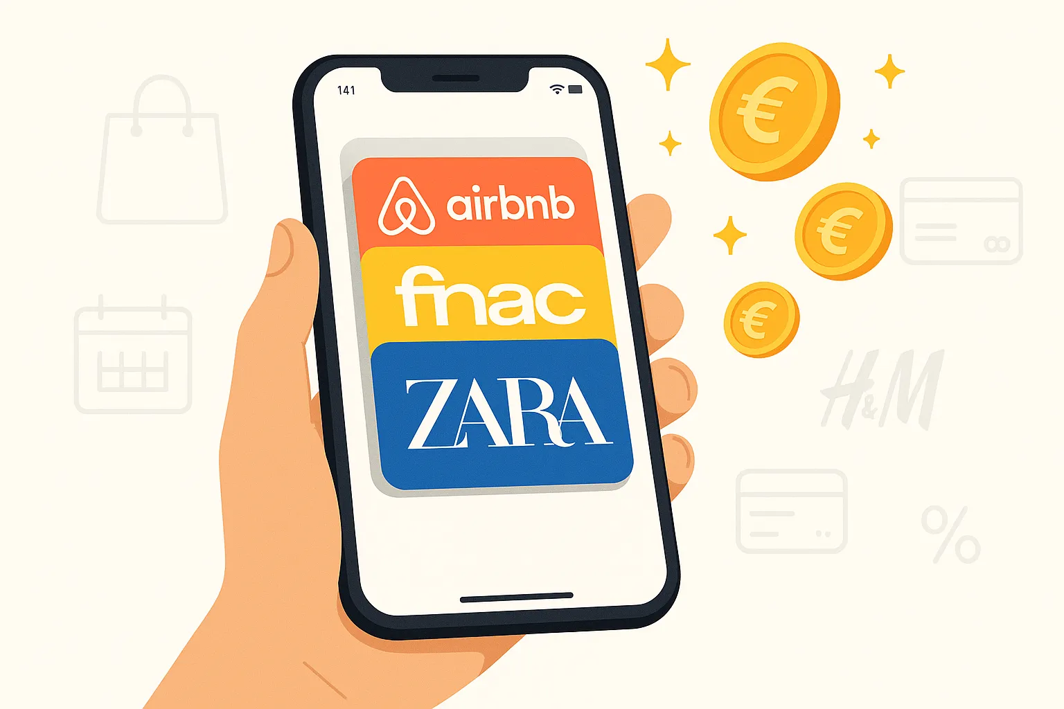 Smartphone affichant plusieurs e-cartes cadeaux virtuelles et une notification de cashback instantané, avec logos d’enseignes populaires (Joko, The Corner, eBuyClub) en arrière-plan.