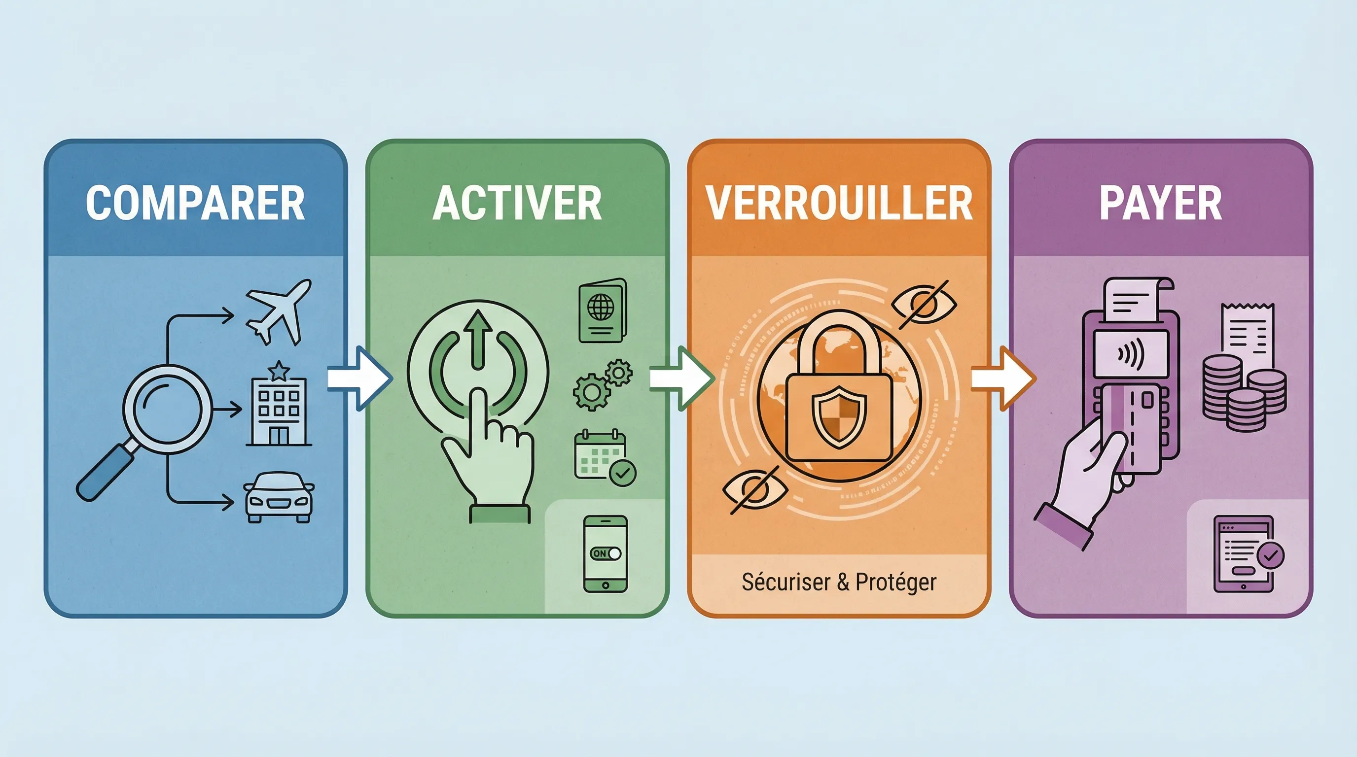 Une infographie simple en 4 blocs (Comparer, Activer, Verrouiller, Payer) avec des icônes liées au voyage : avion, hôtel, voiture, et un bouclier pour le tracking.